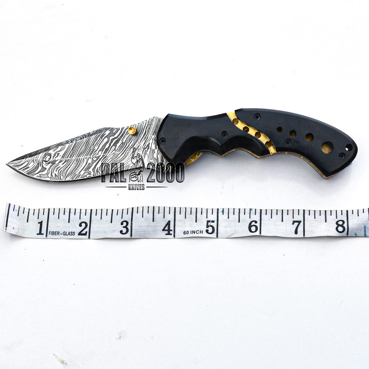 Handmade Damascus Steel 8 Inch Folding Pocket Knife - Horn Handle with Sheath | Hunting, Camping & Outdoor Survival Tool | PAL 2000 KNIVES POC-9844