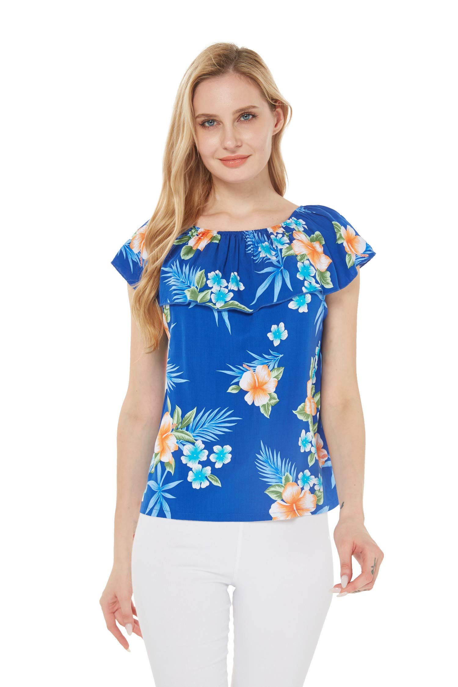 Hawaiian Luau Matching Mother Daughter Off-Shoulder Halter Dress - Floral Hibiscus Blue - Perfect for Beach Vacation, Family Photos & Summer Parties