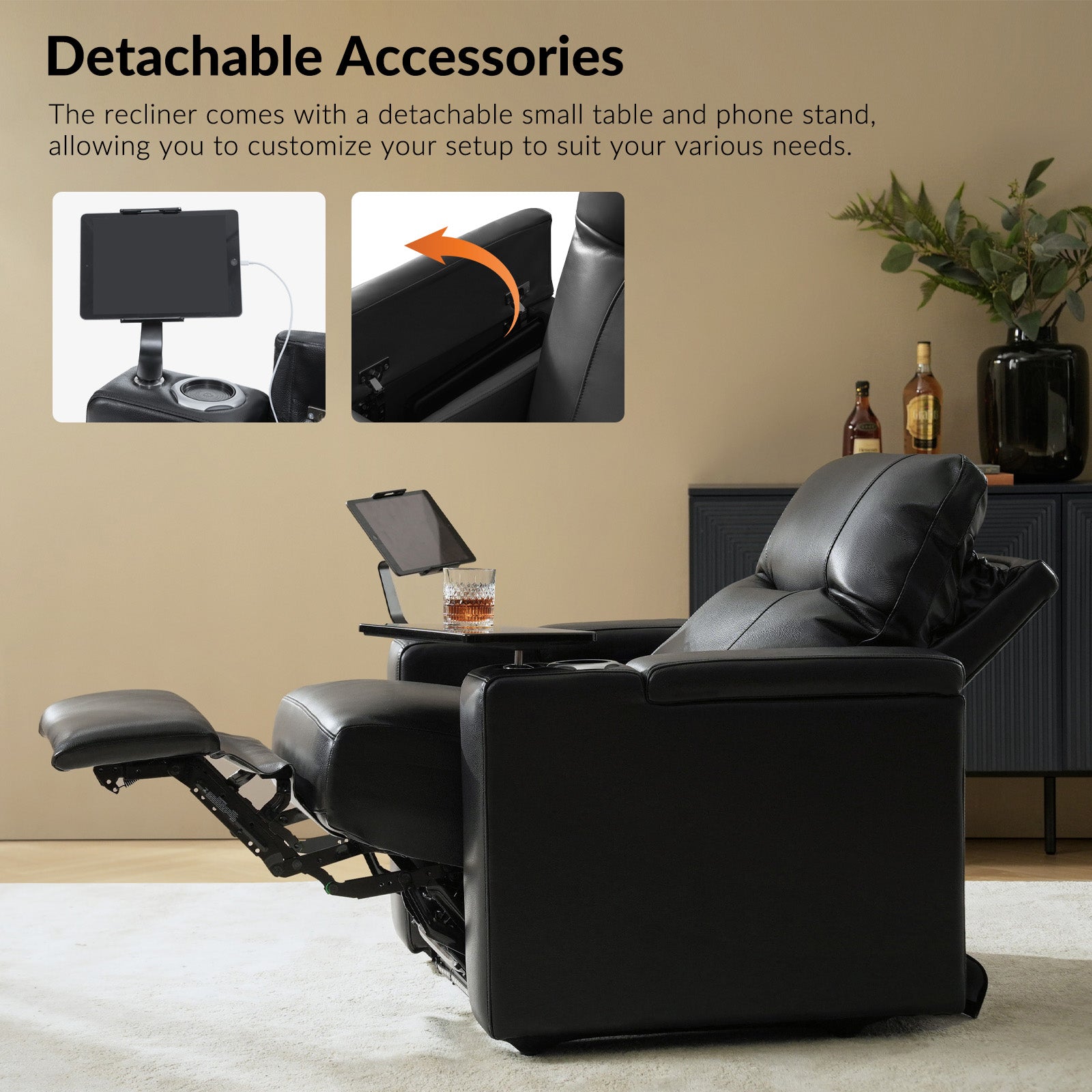 Iliana Electric Genuine Leather Recliner Chair with Side Table & Phone Holder - Power Lift Reclining Sofa for Living Room, Home Theater & Office Comfort