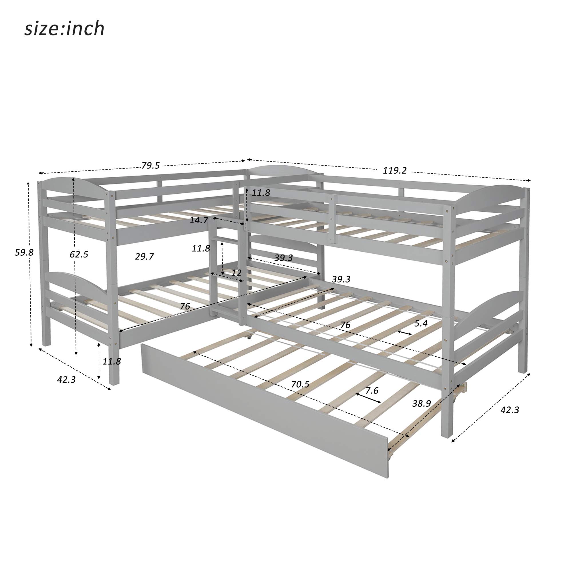 **Danxee Twin L-Shaped Corner Bunk Bed & Loft Bed with Trundle – Solid Wood Twin Bunk Bed with Guardrail – 5-in-1 Space-Saving Kids Bedroom Furniture (Gray) – Perfect for Small Rooms, Shared Kids' Bedrooms & Guest Rooms**
