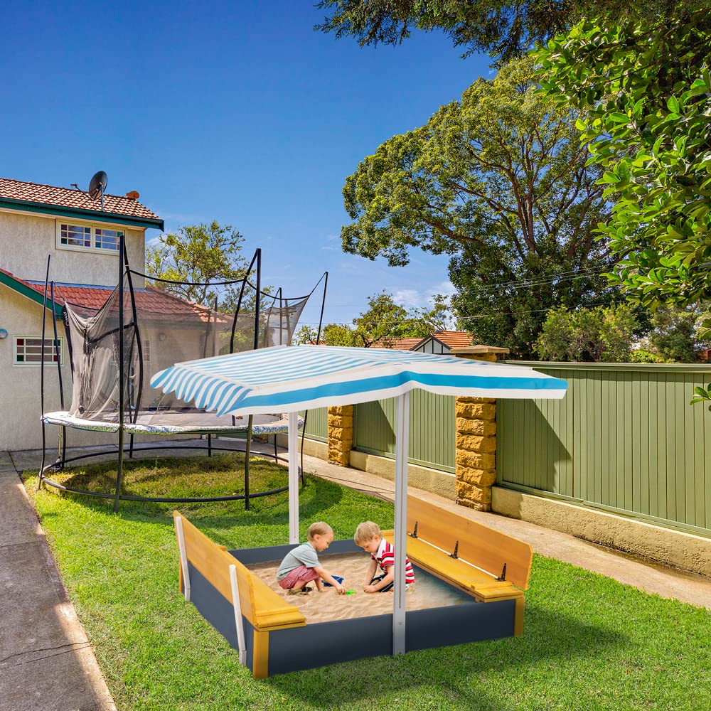 Kids Wooden Sandbox with Cover & 2 Foldable Bench Seats - Outdoor Sand Pit for Backyard Play Ages 3-8 | Adjustable Rotatable Canopy for Sun Protection - Perfect for Garden, Patio & Preschool Play Areas