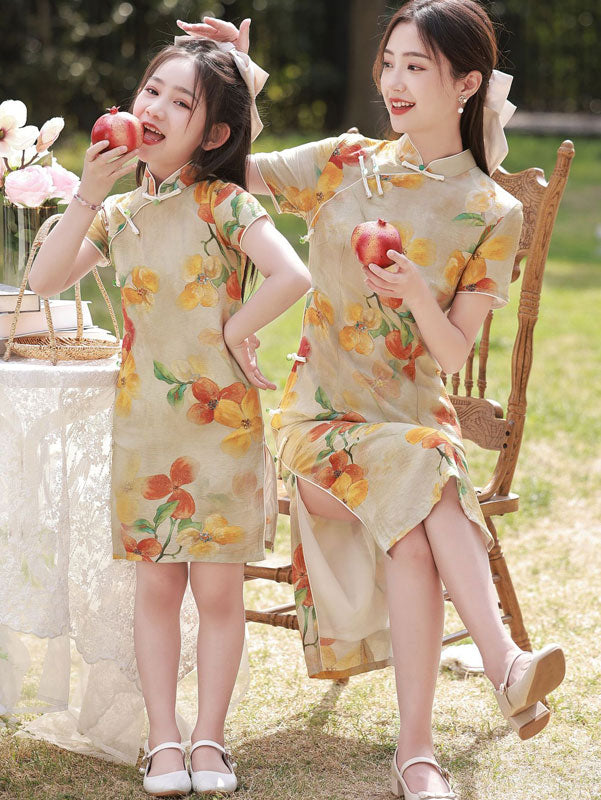 Matching Mother Daughter Floral Linen Cheongsam Qipao Dress - Vintage Chinese Style Dress for Family Photos, Tea Parties & Cultural Events
