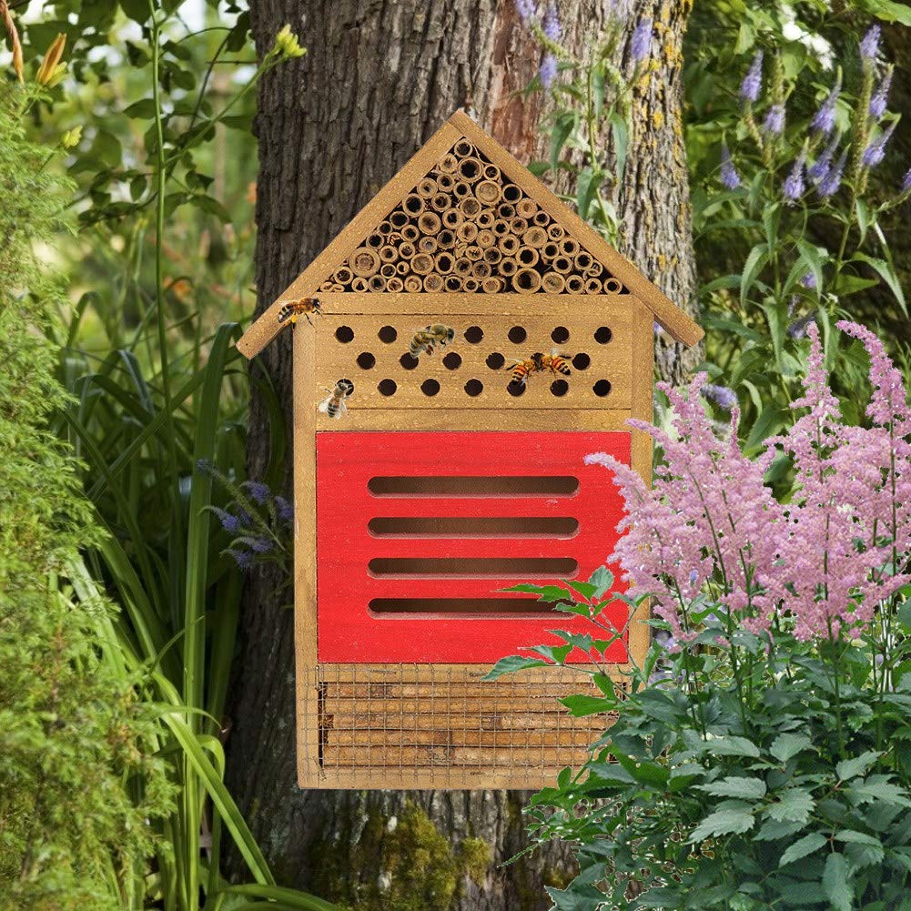 Wooden Bee House for Garden - 7.7x1.5x11.7in Natural Wood Insect Hotel, Shelter & Nesting Box for Solitary Bees - Perfect for Outdoor Garden Decoration & Pollinator Habitat Enhancement