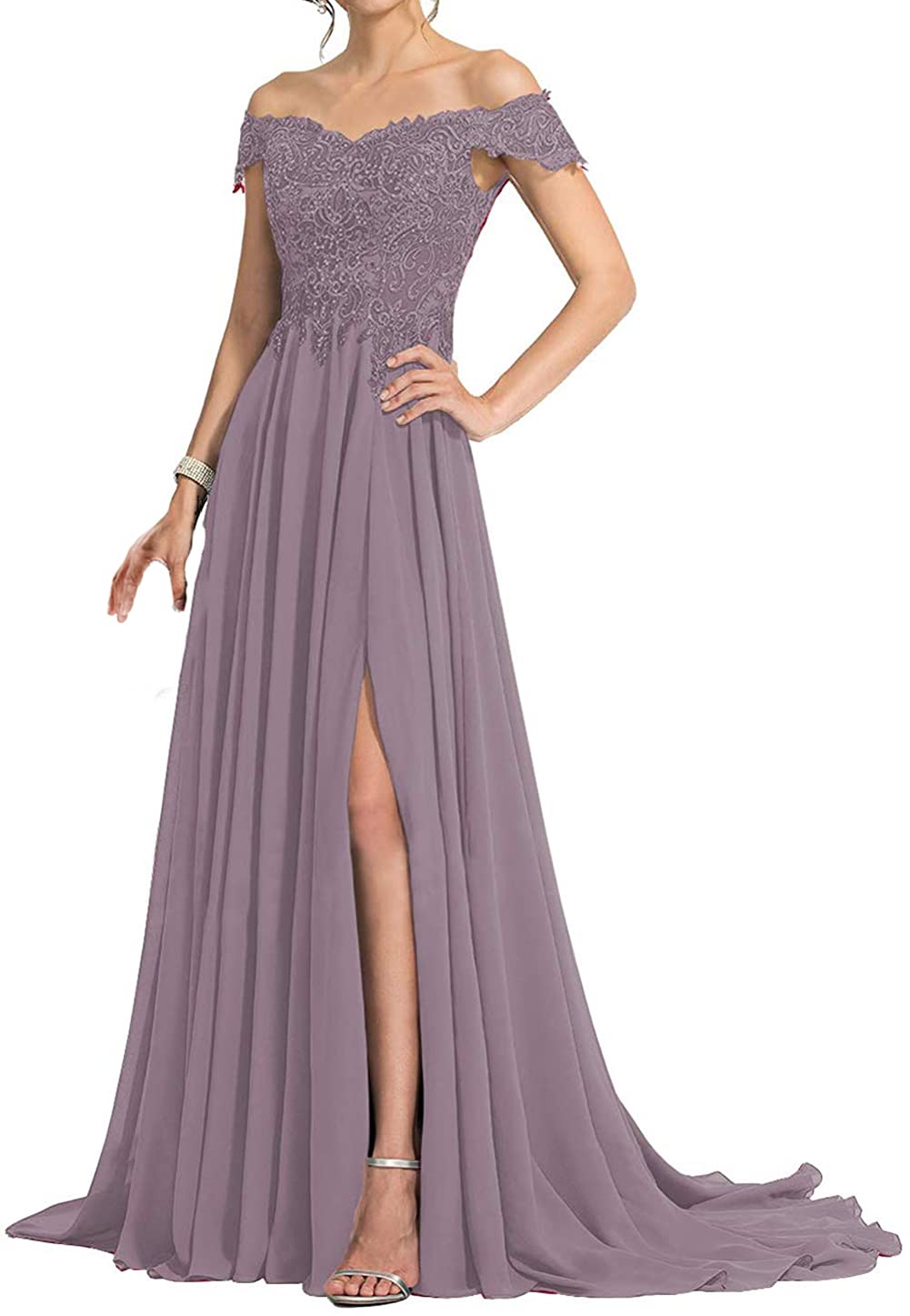 Elegant Off Shoulder Mother of The Bride Dress - Long Chiffon Lace Formal Evening Gown with High Slit for Wedding, Prom & Special Occasions