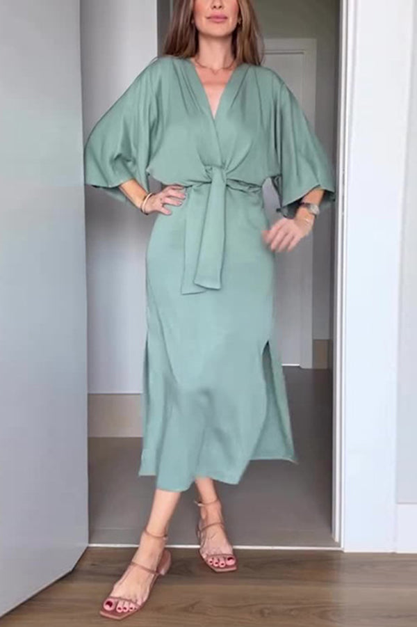 Solid Color V-Neck Half Sleeve Casual Waist-Tied Midi Dress for Women - Perfect for Summer Outings, Beach Vacations & Date Nights