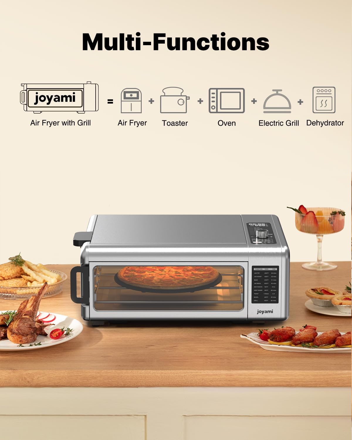 JOYAMI 18QT 1600W Air Fryer Toaster Oven Combo with See-Through Window - 6-in-1 Countertop Convection Oven for Air Frying, Baking, Grilling, Dehydrating, Toasting - Includes 6 Nonstick Accessories - Perfect for Small Kitchens, Dorms & Healthy Cooking