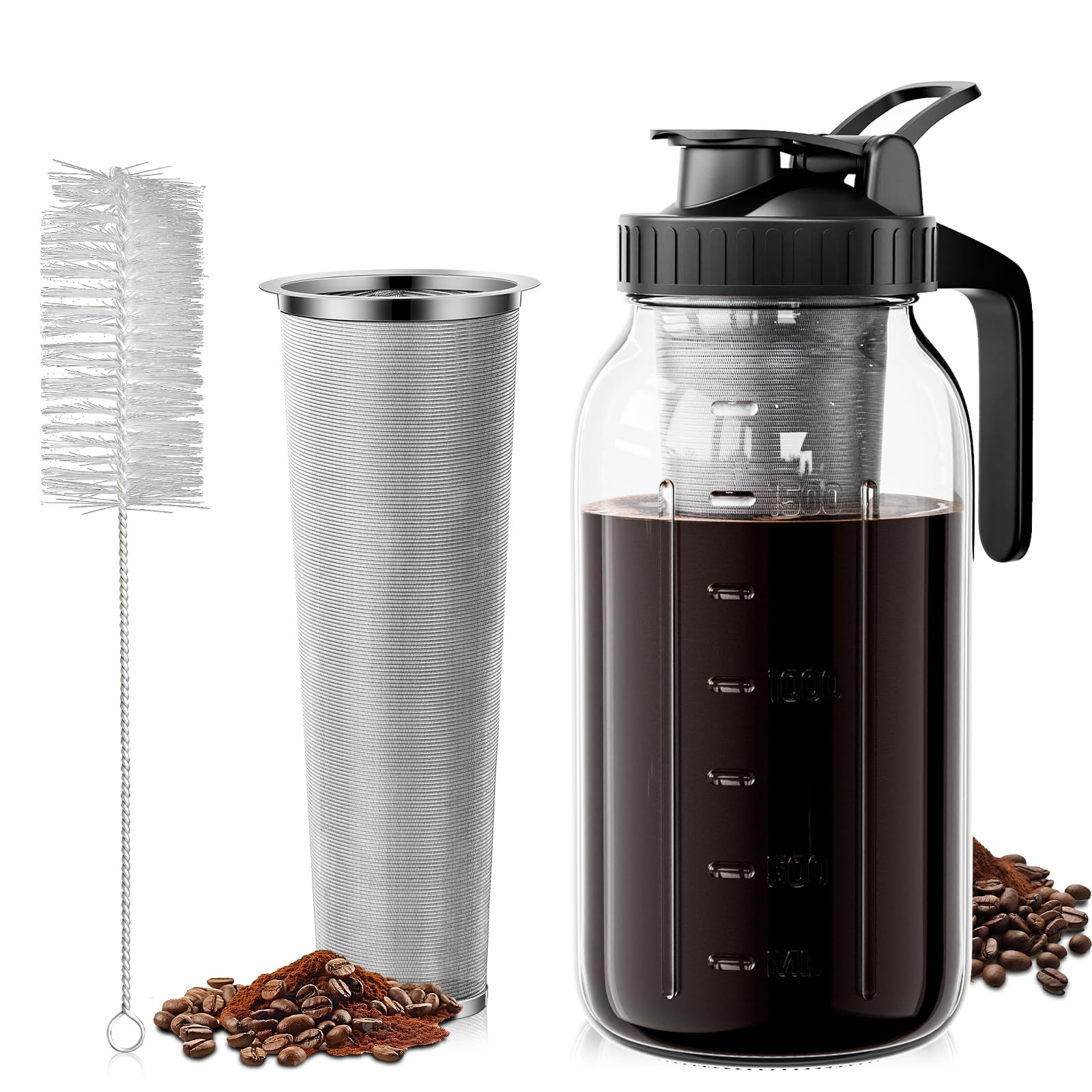 VA1KENE 64oz Cold Brew Coffee Maker with Stainless Steel Filter - Iced Coffee Pitcher with Lid & Spout, Glass Mason Jar for Home, Office & Outdoor Use (Black)