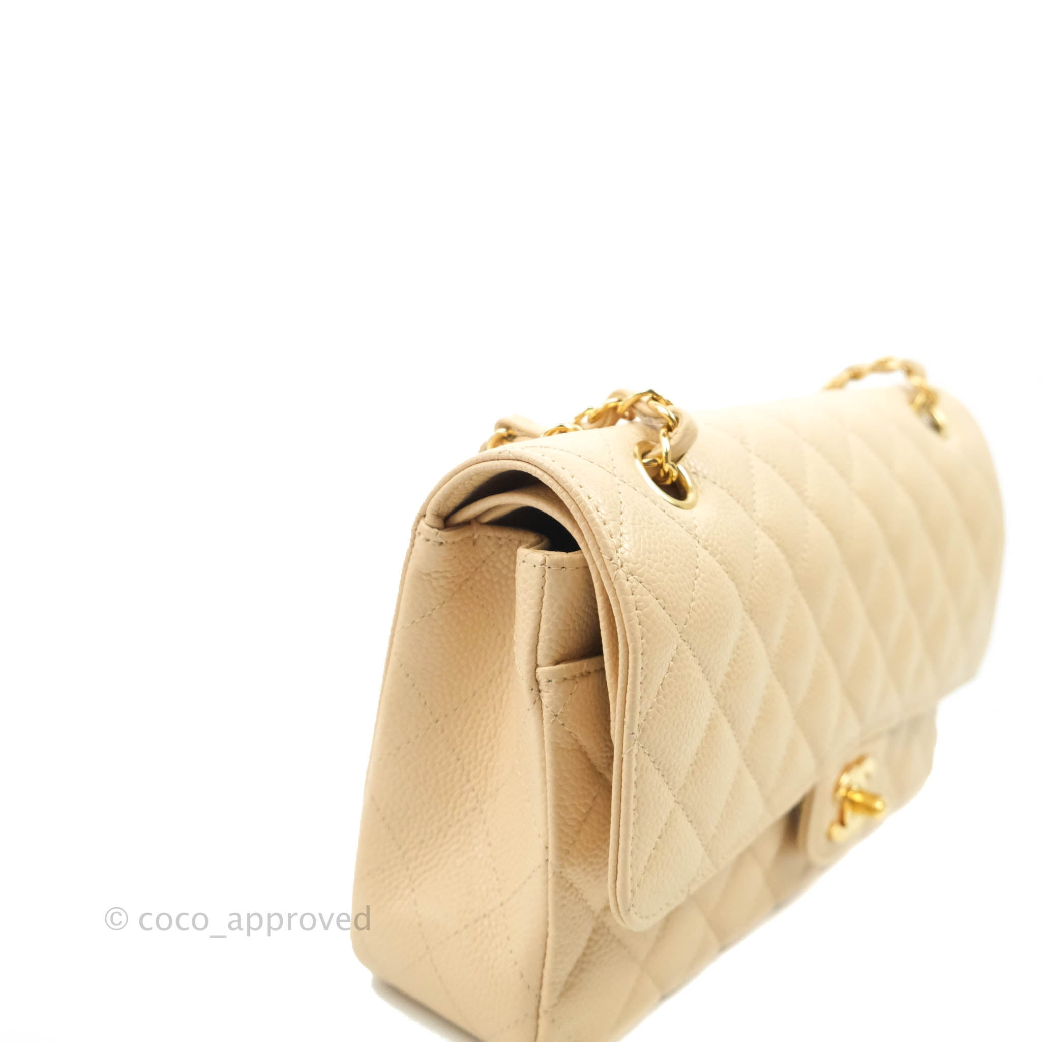 Chanel Classic Medium Double Flap Bag Quilted Beige Caviar Leather with Gold Hardware - Luxury Designer Handbag for Women, Perfect for Work, Date Night & Special Occasions