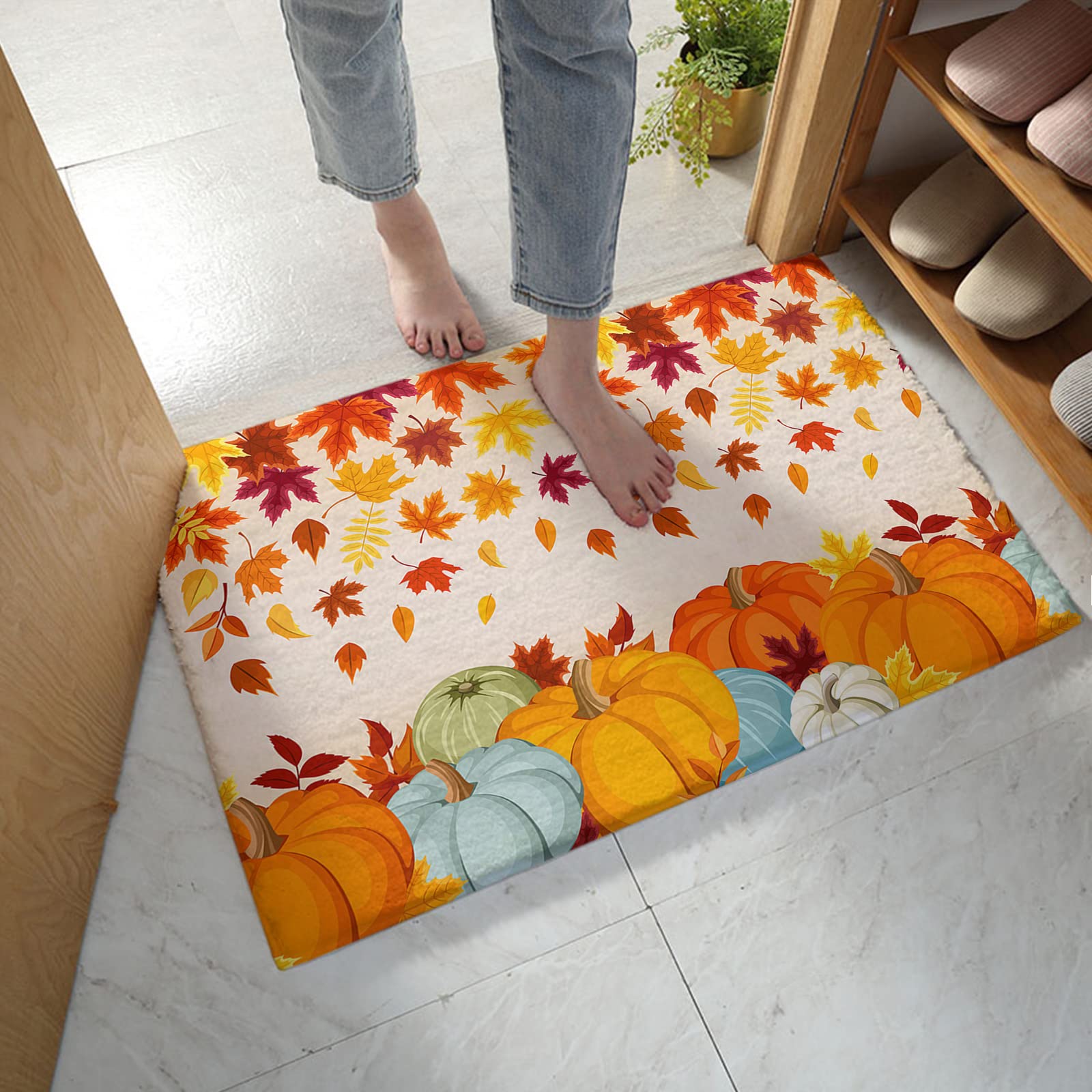 Happy Thanksgiving Bath Mat - Non-Slip Microfiber Shower Rug with Romantic Fall Maple Leaves & Pumpkin Design, Extra Absorbent Plush Thick Shaggy Floor Mat for Bathroom Decor - Perfect for Autumn Home Decor, Cozy Thanksgiving Gatherings & Vintage Farmhouse Style