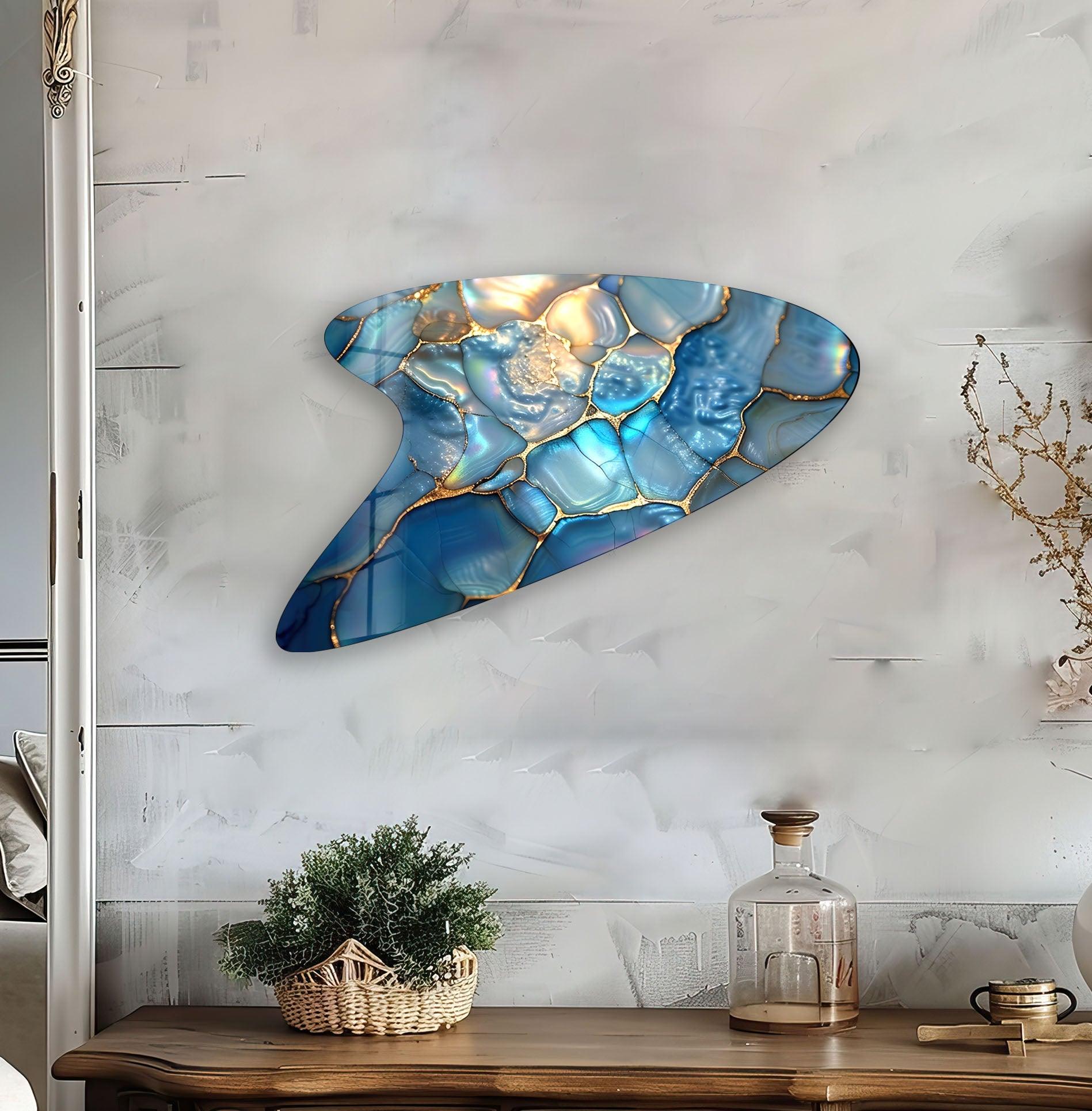 Abstract Blue Marbled Glass Wall Art - Modern Handmade Home Decor for Living Room, Bedroom & Office - Unique Textured Glass Panel for Contemporary Interior Design