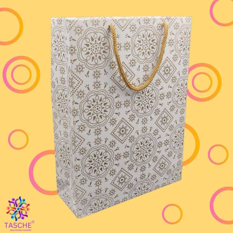 Premium Gold Waves & Elegant Gold Design Printed Gift Bags - 11x8x3 Inches (Pack of 10) | Perfect for Birthday, Holiday, Wedding & Party Favors, Return Gifts & Special Occasions