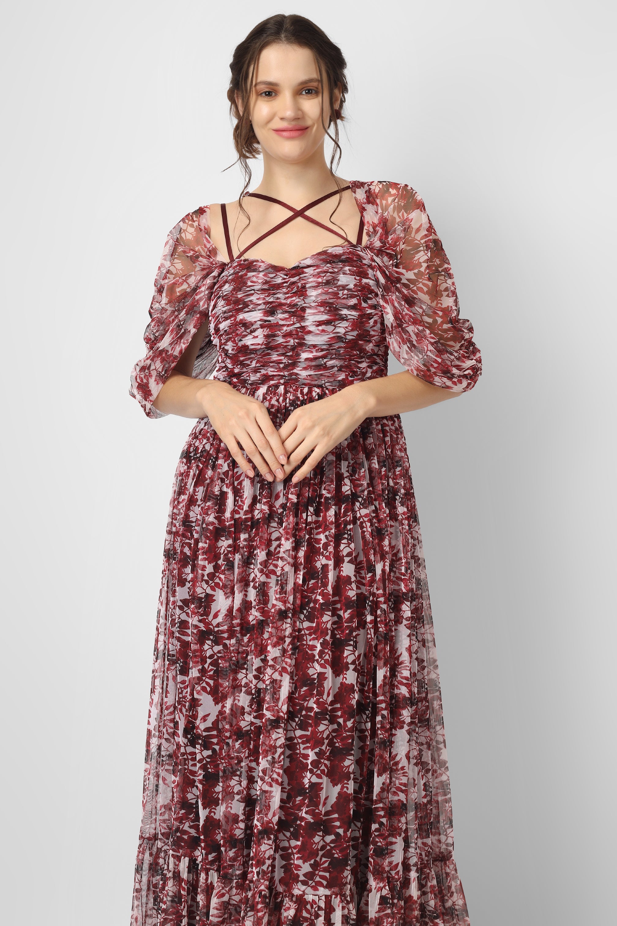 Alicia Maxi Dress in Burgundy Print - Elegant Flowy Long Dress for Women, Perfect for Weddings, Parties & Special Occasions