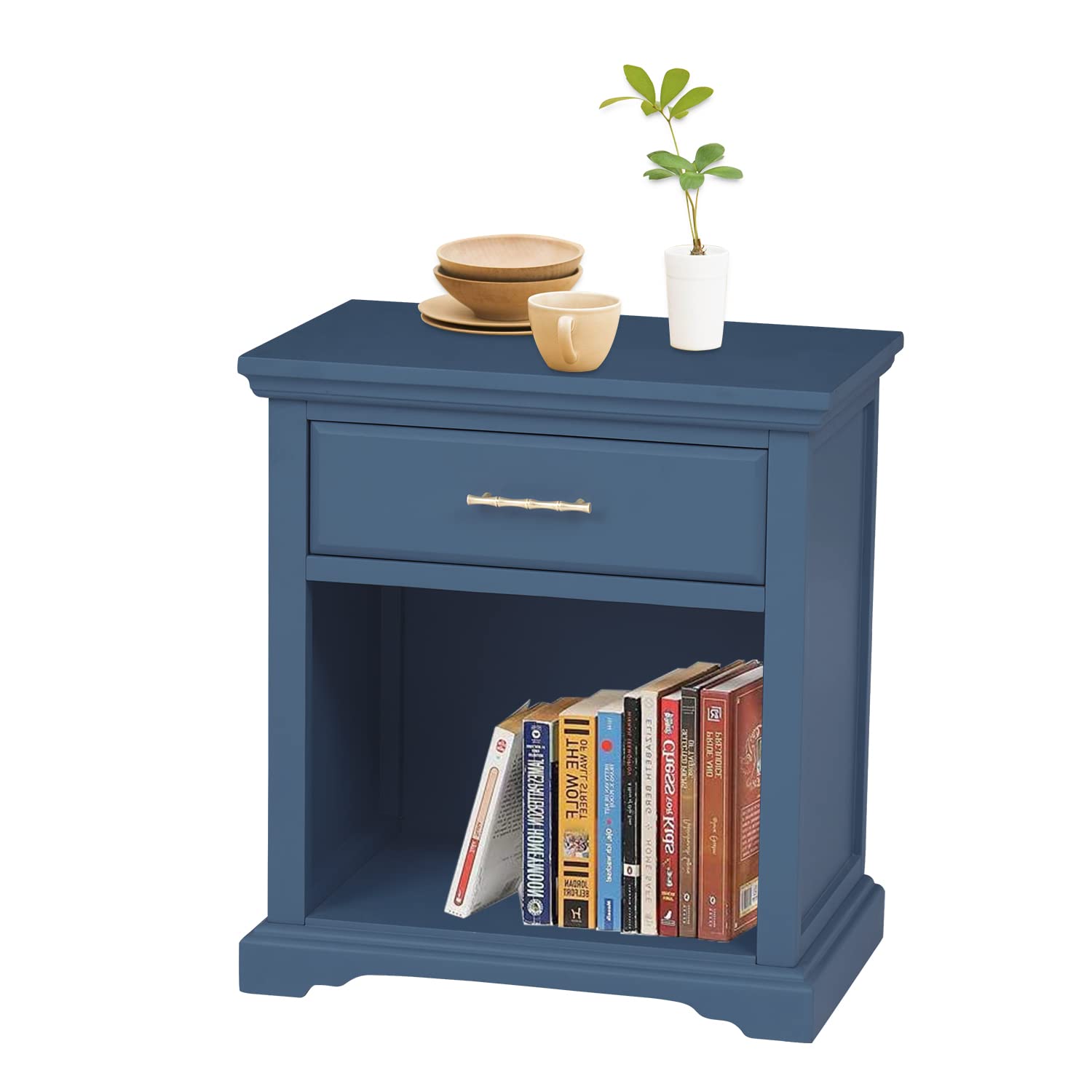 Kinfant Wood Nightstand with Drawer - Solid Wood Bedside Table for Bedroom, Living Room, Guest Room - Antique Navy Finish - Perfect for Reading Nook, Nursery or Small Space Storage
