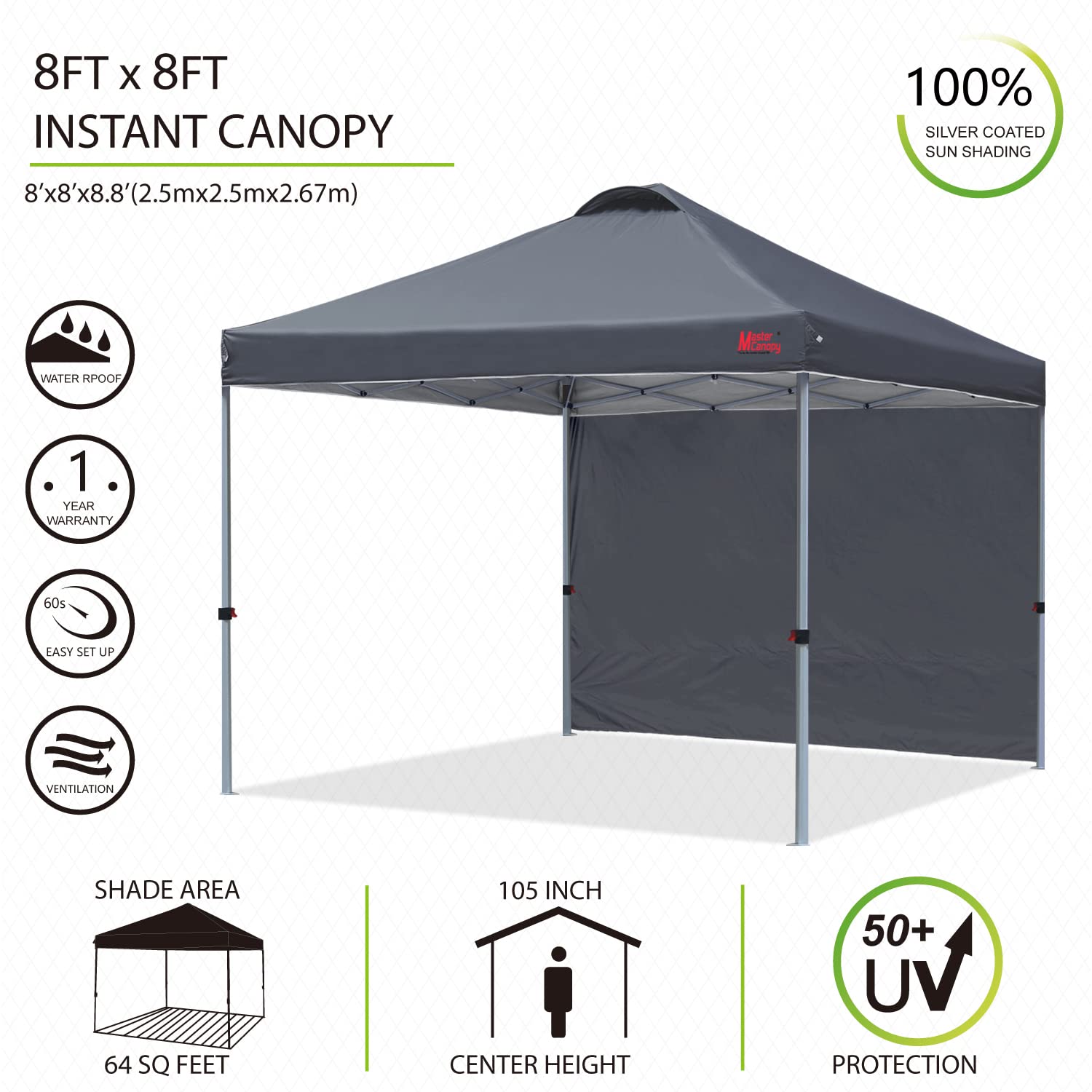 Durable MASTERCANOPY 8'x8' Pop-Up Canopy Tent with 1 Sidewall - Dark Grey | Perfect for Outdoor Events, Camping, Backyard Parties & Beach Shade