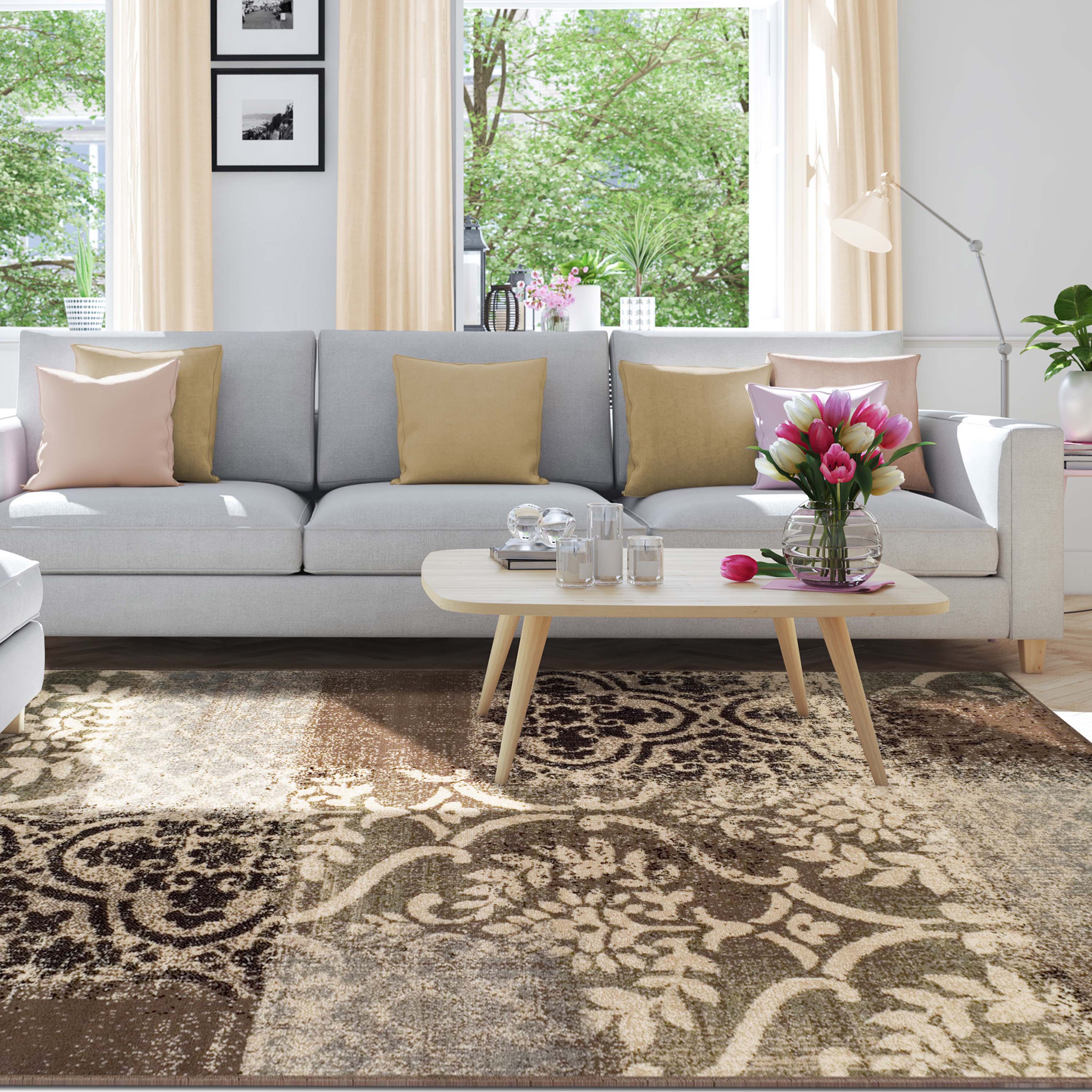 Bristol Distressed Abstract Damask Indoor Area Rug - Non-Slip Living Room Carpet Runner for Bedroom, Hallway & Entryway Decor