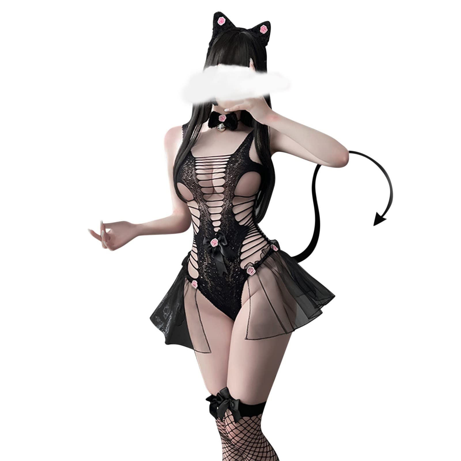 Sexy Mesh Cat Lingerie Jumpsuit for Women - Sparkly Bow Bodysuit with Sheer Details | Perfect for Valentine's Day, Boudoir Photography, and Romantic Nights