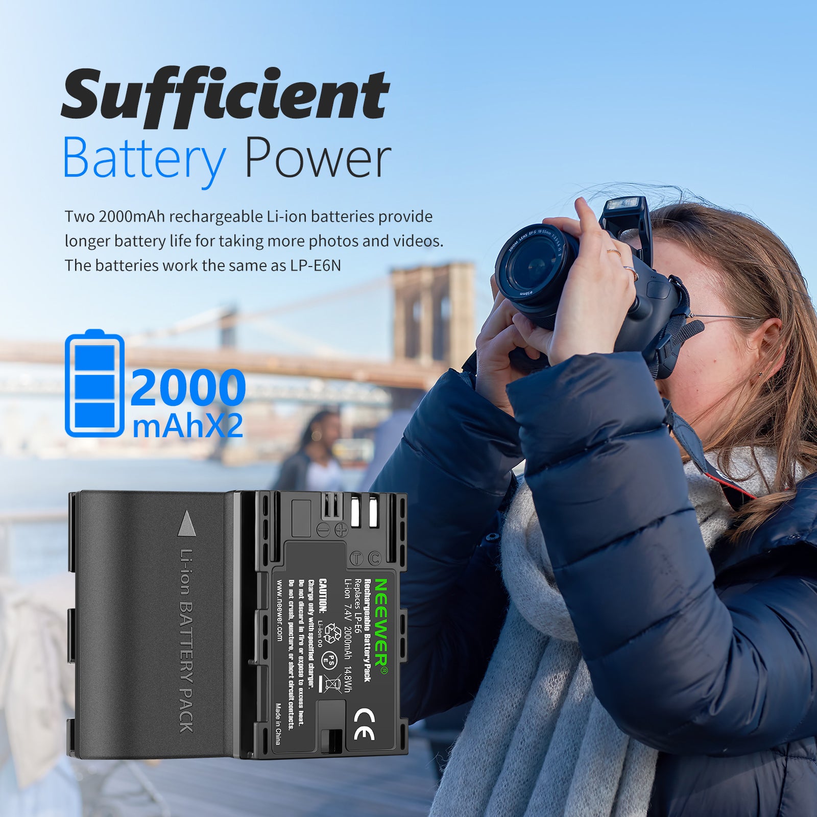NEEWER 2 Pack LP-E6 2000mAh Replacement Battery & Charger Set for Canon DSLR Cameras - Perfect for Travel, Photography & Extended Shooting Sessions