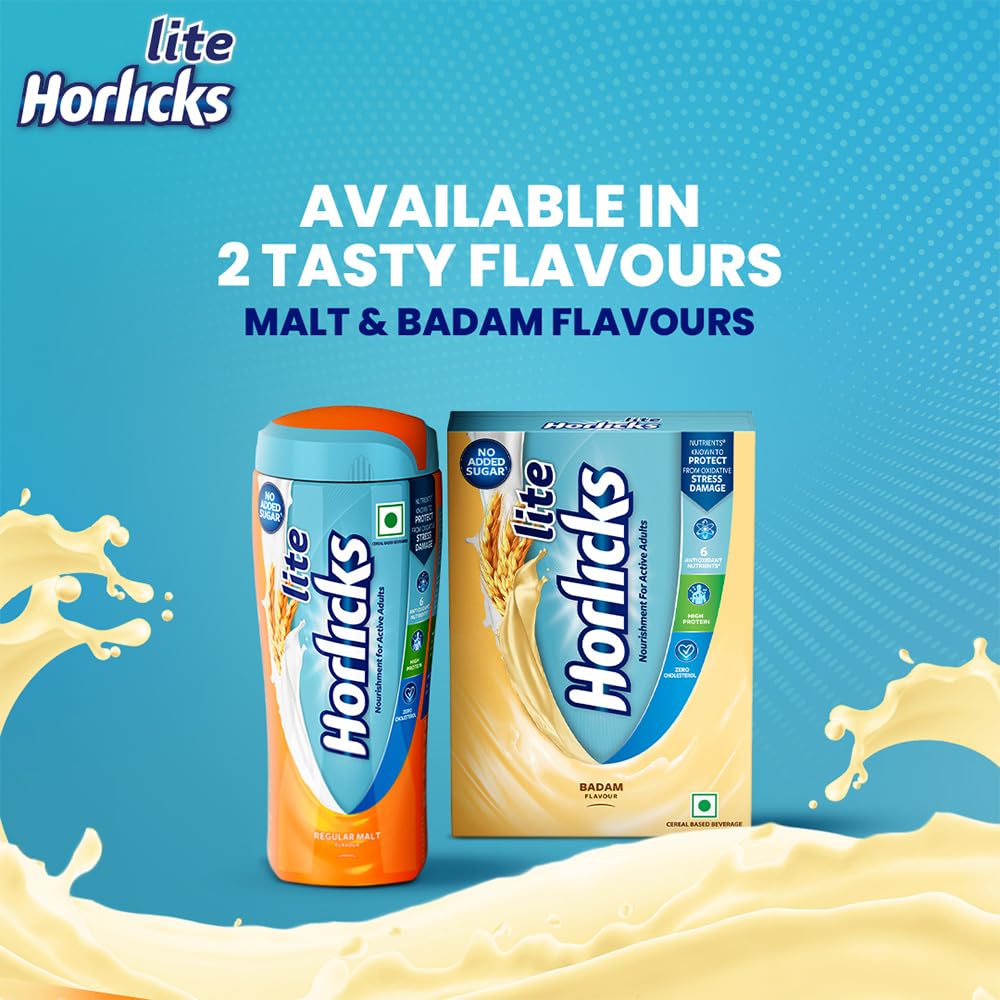 Horlicks Lite 450g - High Protein Malt Drink for Adults | Zero Added Sugar | Scientifically Formulated Nutrition | Perfect for Breakfast, Post-Workout & Nighttime Relaxation