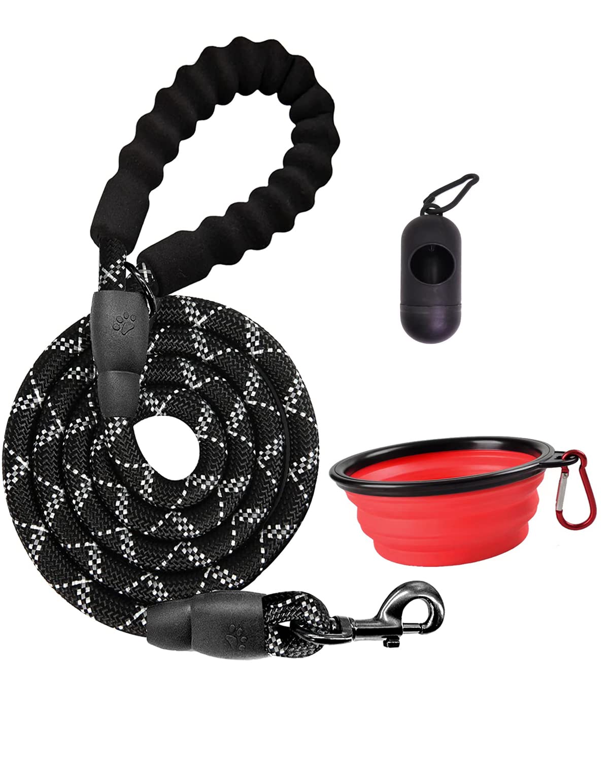 5 FT Heavy Duty Reflective Dog Leash with Comfortable Padded Handle - Strong Nylon Leash for Small, Medium & Large Dogs - Includes Collapsible Travel Water Bowl & Poop Bag Dispenser - Perfect for Walking, Hiking, Camping & Outdoor Adventures