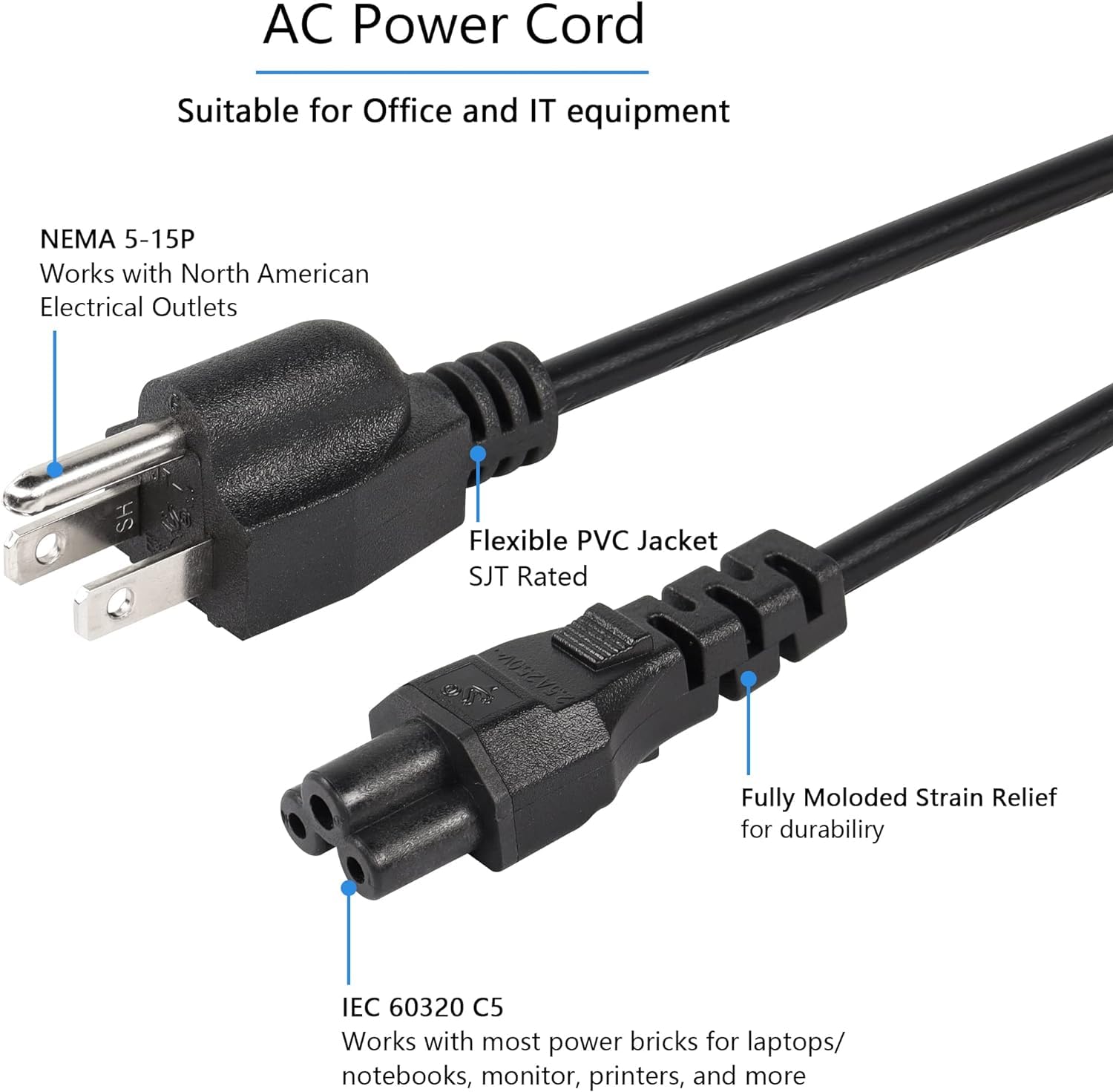 4FT 3-Prong Universal Power Cord Replacement - AC Power Cable for Computers, Laptops, TVs, Monitors (LG, Samsung, Acer, Asus, HP, Dell) - Perfect for Home Office, Gaming Setup & Entertainment Systems