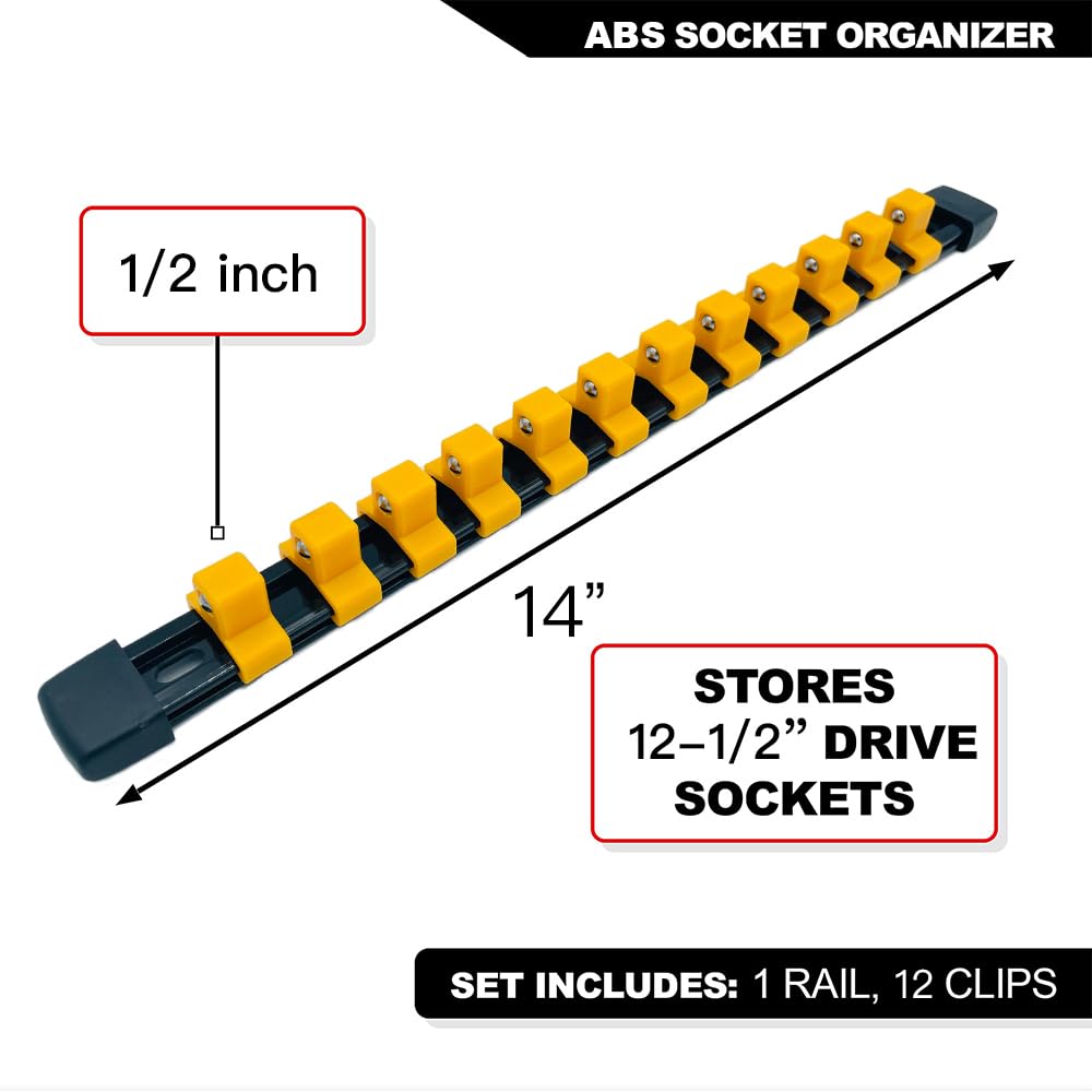 1/2-Inch, 3/8-Inch, 1/4-Inch Drive Socket Rail Holders - Yellow, Orange, Green for Tool Organization & Automotive Repair