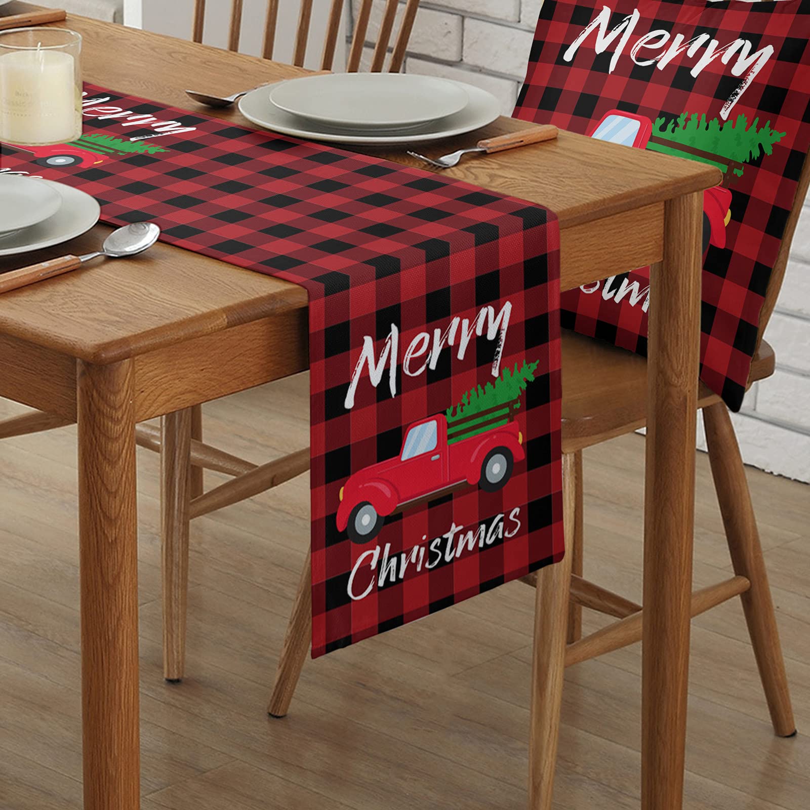 72 Inch Long Red and Black Buffalo Plaid Christmas Table Runner - Holiday Truck with Tree Design for Kitchen, Dining Table, Party & Home Decor (13x72 inches) - Perfect for Christmas Celebrations, Dinner Parties, and Festive Home Styling