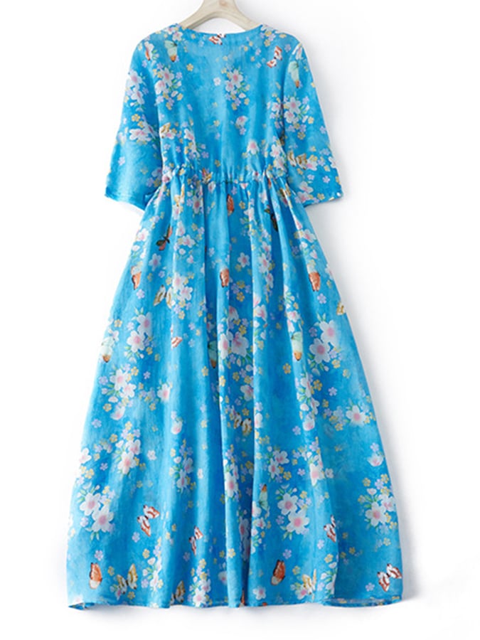Lovevop Women's Cotton Linen Printed Retro Art Waistband Dress - Vintage Floral Summer Dress for Casual Outings & Beach Vacations