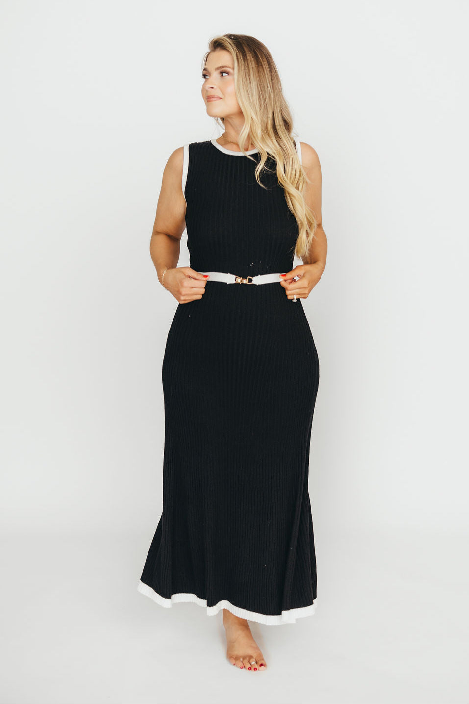 Drew Sleeveless Ribbed Knit Midi Dress - Black & White | Women's Stretchy Bodycon Dress for Casual Outings, Date Nights & Summer Vacations