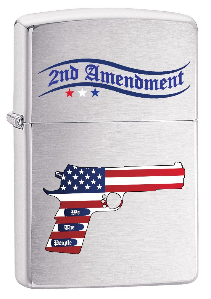 Zippo Lighter Brushed Chrome 79545 - Patriotic Second Amendment Gun & American Flag Design - Perfect for Outdoor Camping, BBQ, Collectors & Patriotic Gifts