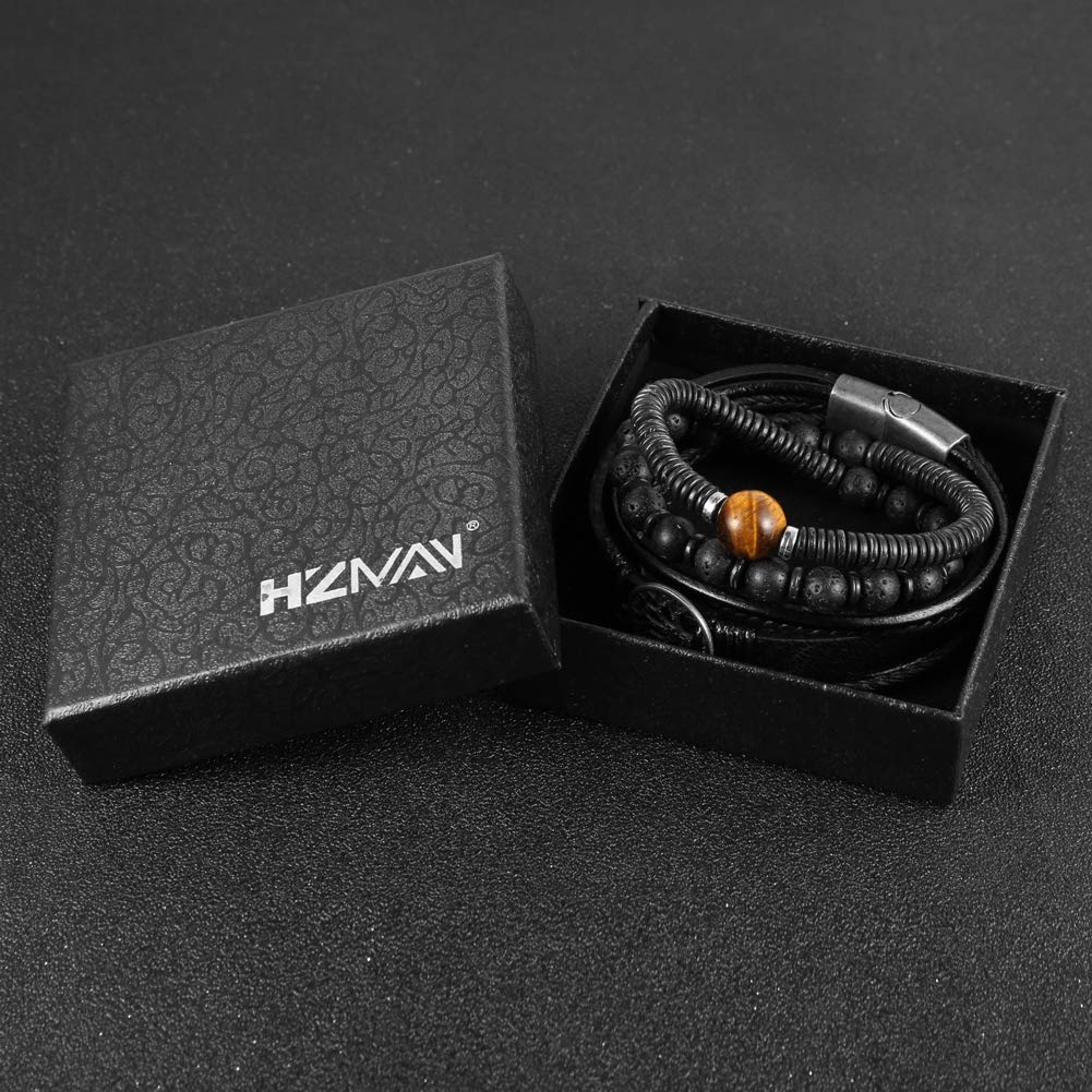 HZMAN Genuine Leather Tree of Life Bracelet for Men & Women - Tiger Eye Natural Stone & Lava Rock Beads Ethnic Tribal Elastic Wristband - Perfect for Yoga, Meditation, Boho Fashion & Gift Giving
