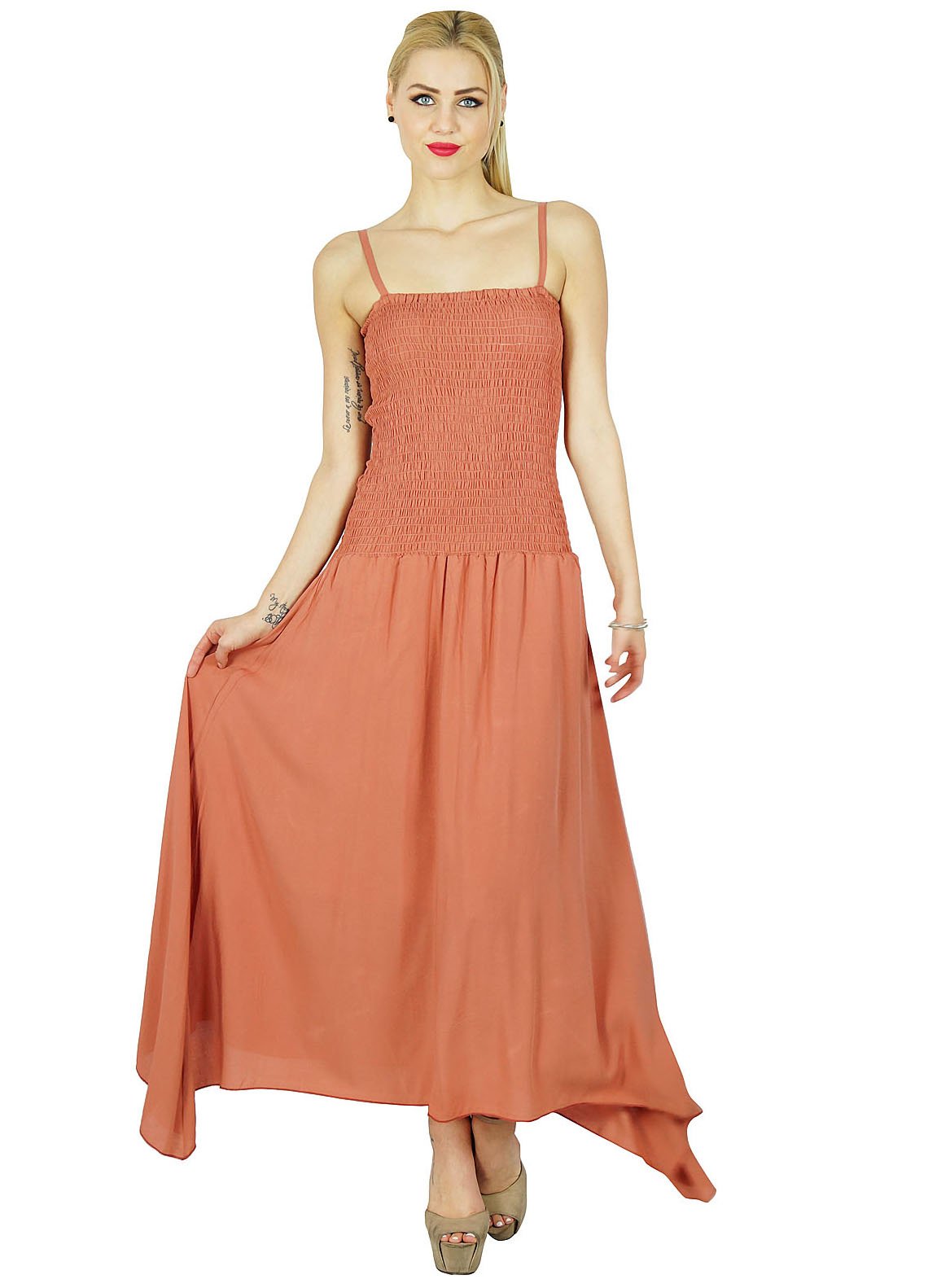Bimba Women's Long Maxi Dress with Smocked Waist - Spaghetti Strap Casual Summer Dress in Rosy Brown | Perfect for Beach, Vacation & Outdoor Events