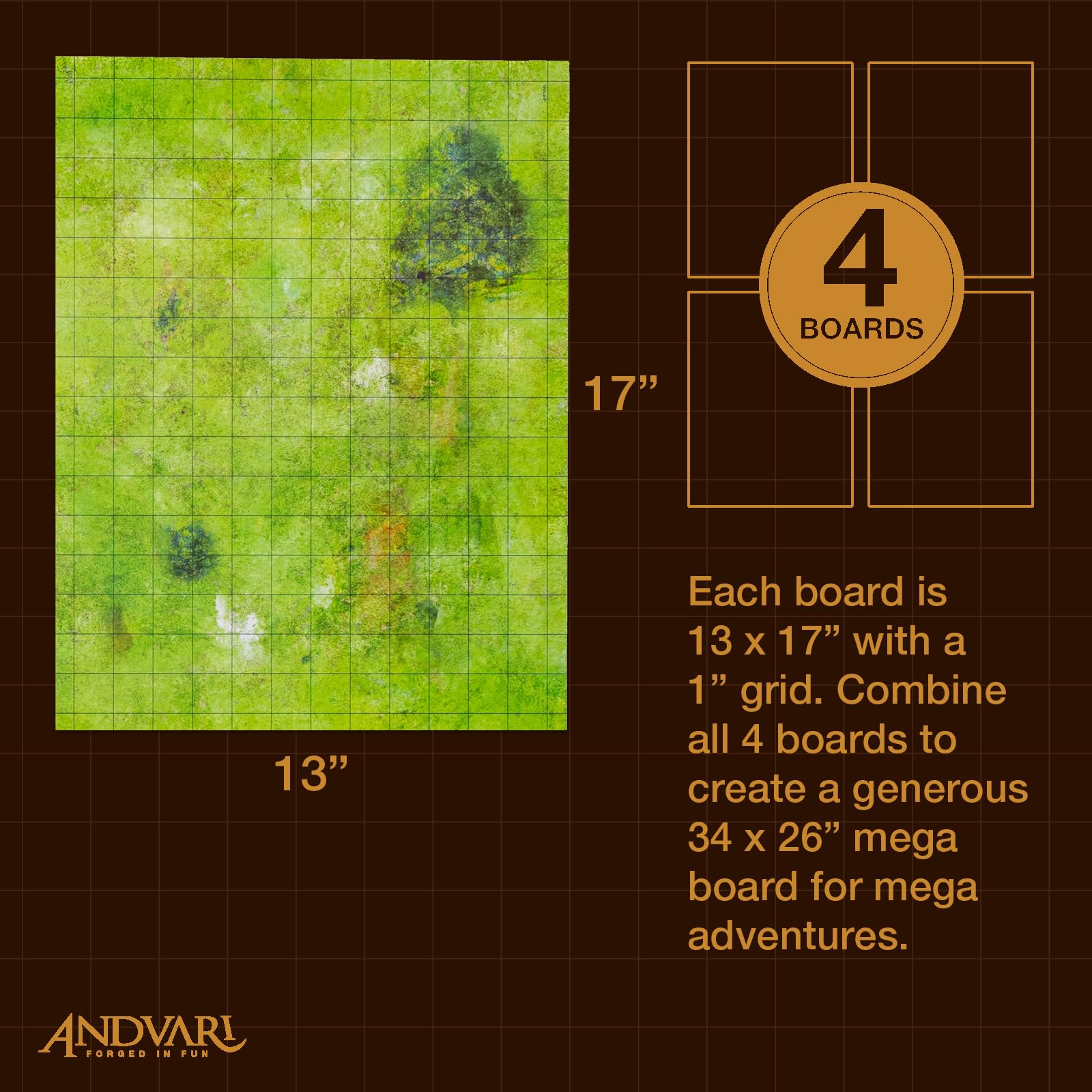 GSM Brands Dry Erase Battle Mat with Grid for Dungeons & Dragons RPG - 4 Pack Non-Skid Tabletop Game Board (17x13 Inches Each, Combines to 34x26) - Perfect for D&D Campaigns, Wargaming, and Classroom Math Activities