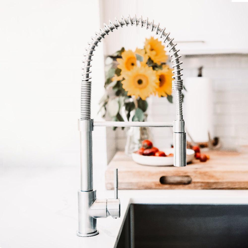 ZLINE Sierra Pull Down Spring Single Handle Kitchen Faucet in Brushed Nickel - High Arc Spout for Easy Washing, Perfect for Modern Kitchens & Busy Home Chefs (SRA KF BN)