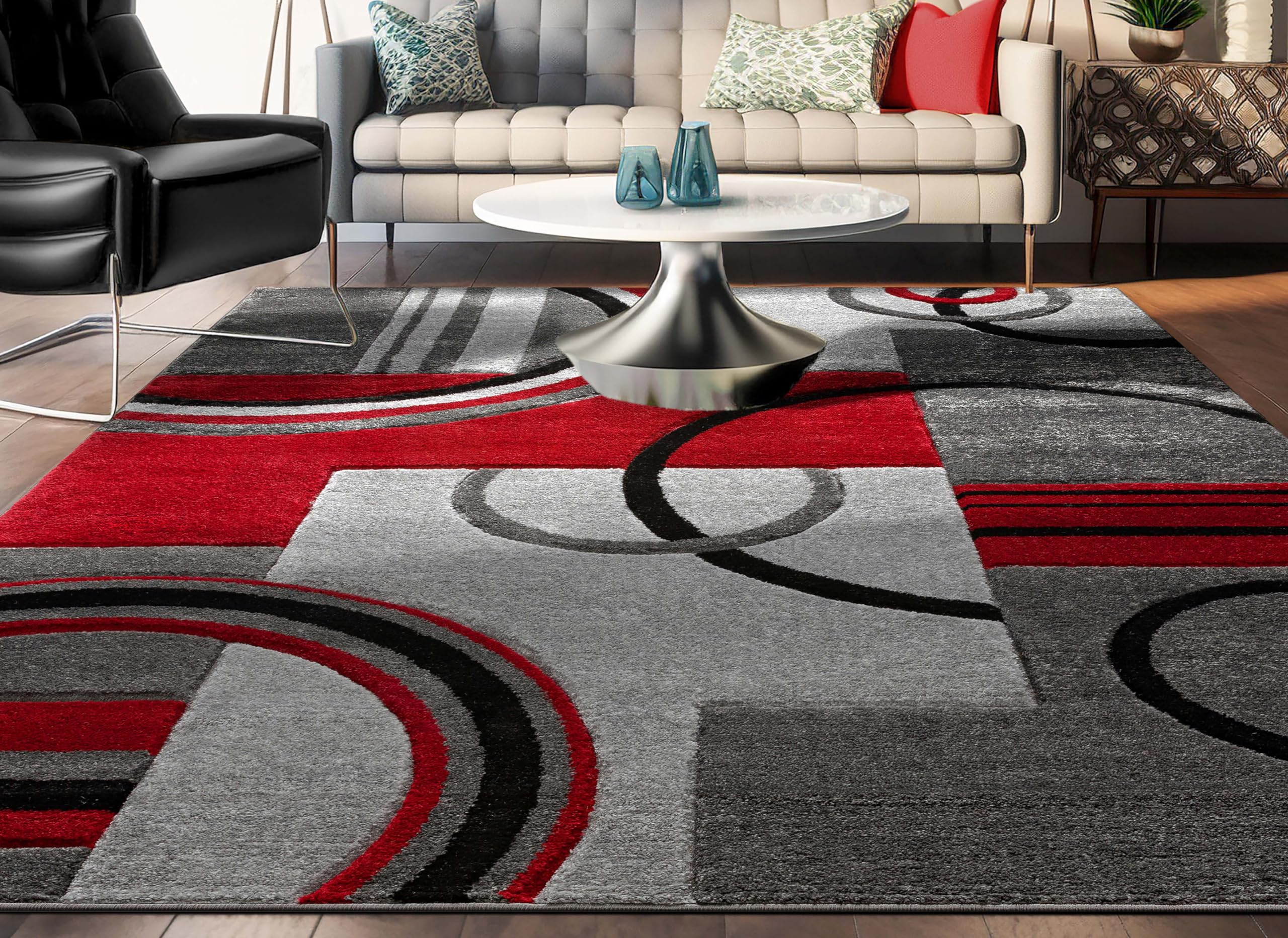 Well Woven Galaxy Waves Grey & Red Geometric Circles Ruby 7'10