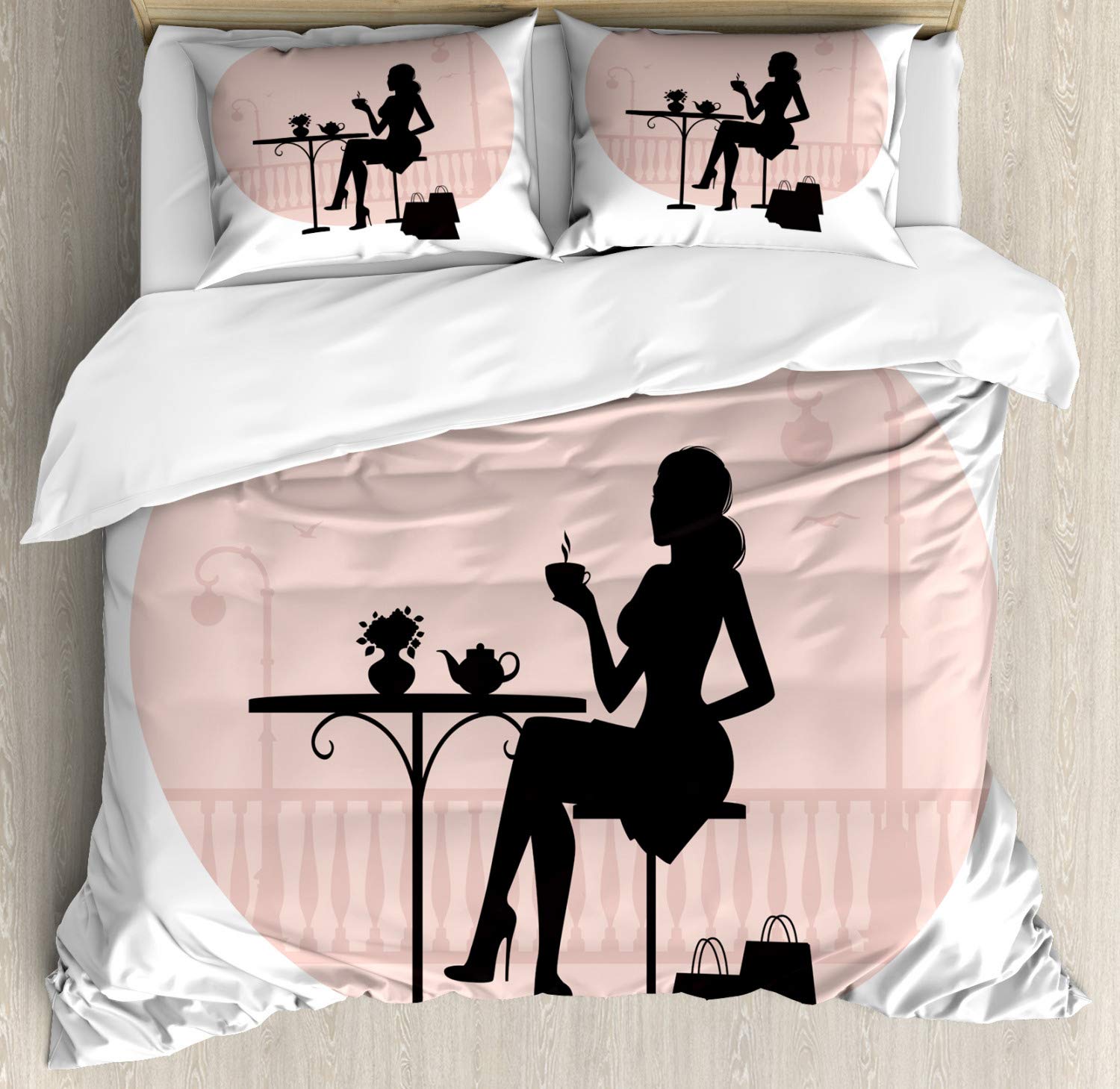 Ambesonne Vintage Duvet Cover Set - Floral Tea Time Cafe Scene 3-Piece Bedding with 2 Pillow Shams, Queen Size in Pale Peach White & Black | Perfect for Boho Chic Bedrooms, Guest Rooms & Tea Lover's Home Decor