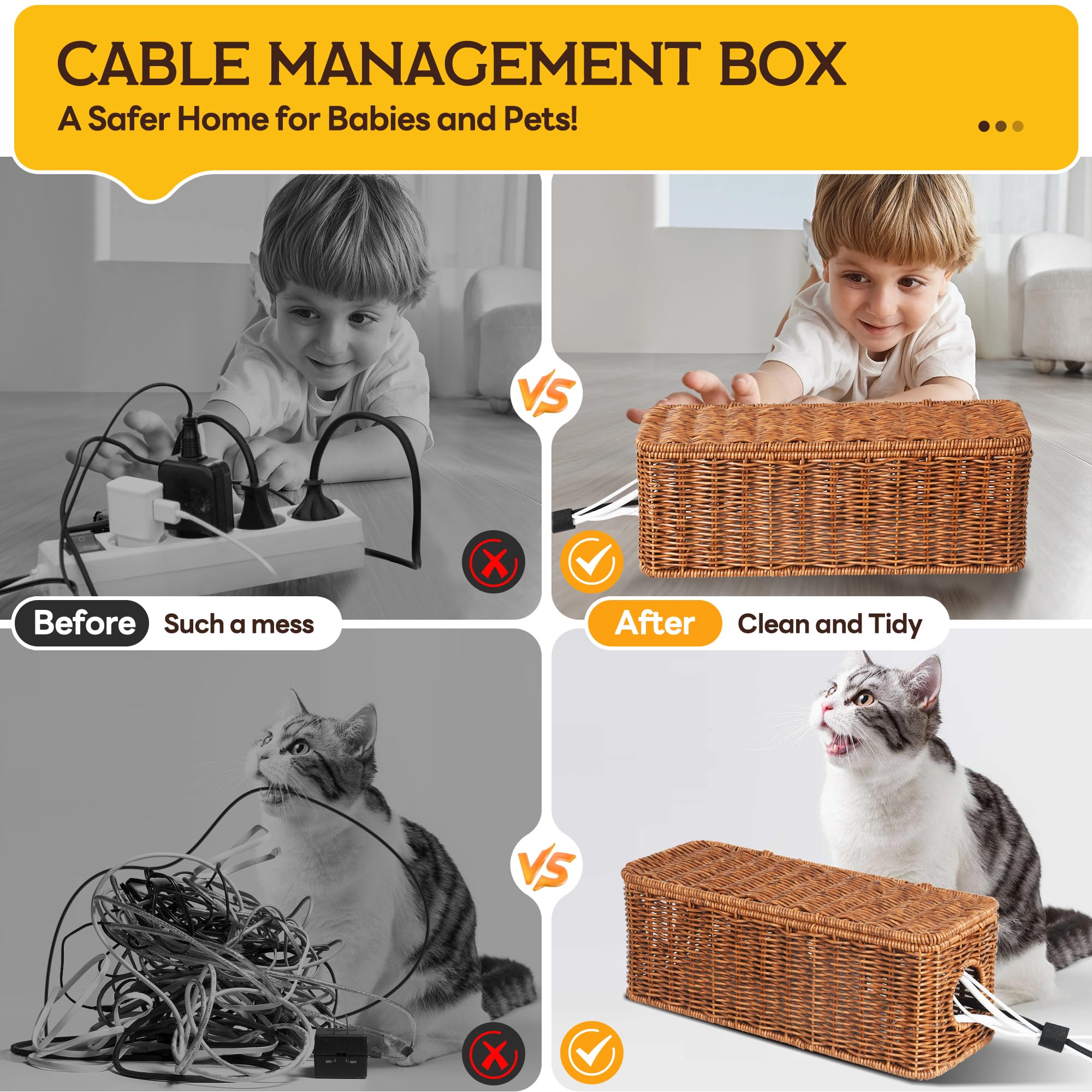Handmade Rattan Cable Management Box with 2 Open Slots - Orapoke Cord Organizer for TV, Computer, Router & Power Strip - Under Desk Wire Hider for Office & Home Organization (Perfect for Living Room, Bedroom & Workspace)