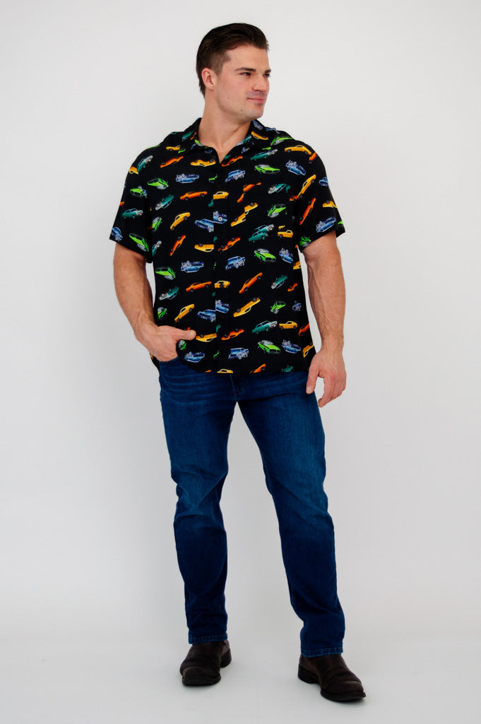 Dinosaur Print T-Shirt with Vintage Muscle Cars Design - Soft Woven Bamboo Fabric for Men & Women - Perfect for Casual Wear, Street Style, and Car Enthusiasts