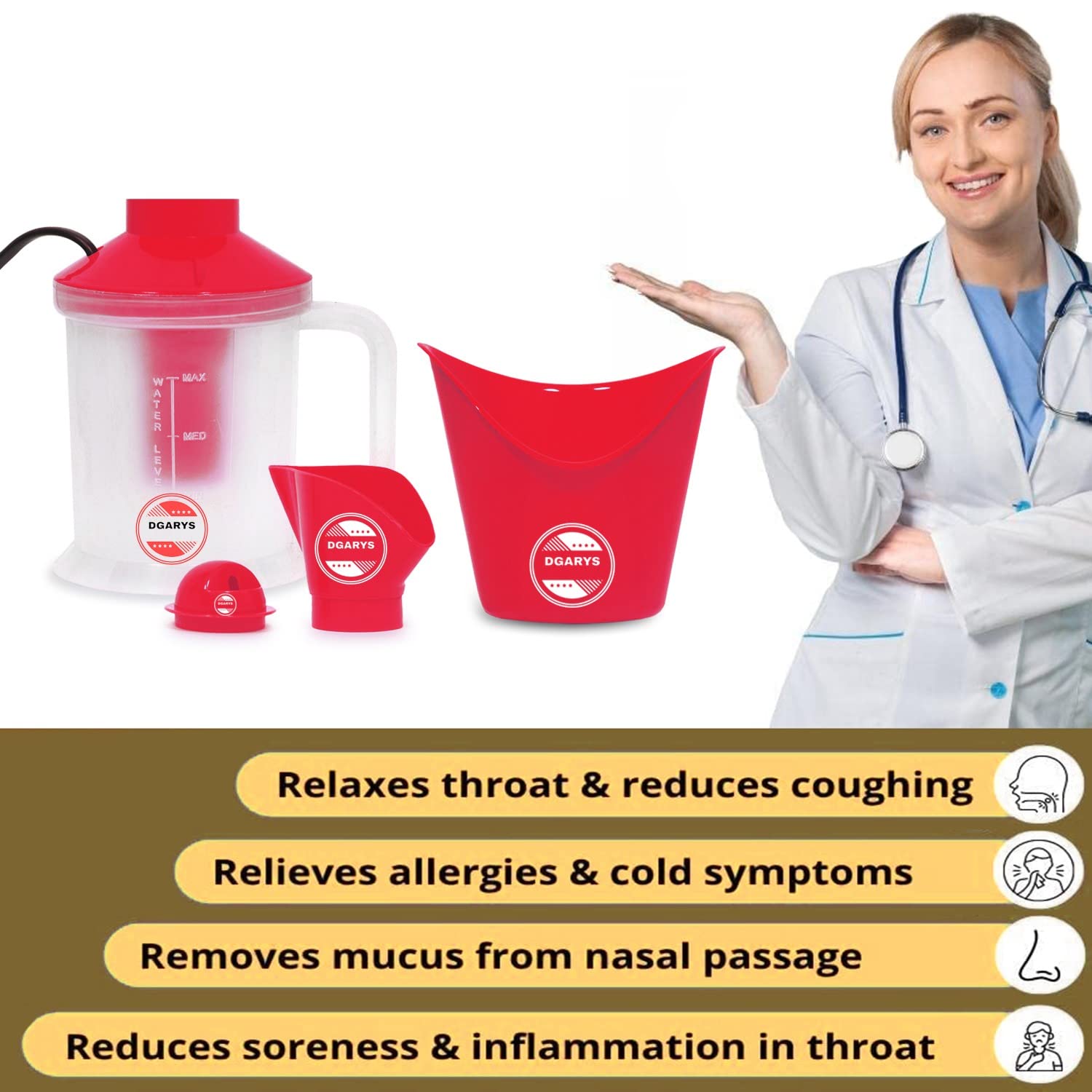 DGARYS Professional Vaporizer Machine for Cold Relief & Facial Steam - 3-in-1 Nasal Inhaler, Facial Steamer & Beauty Device for Salon & Home Use - Perfect for Cough Relief, Skin Hydration & Aromatherapy (Red)
