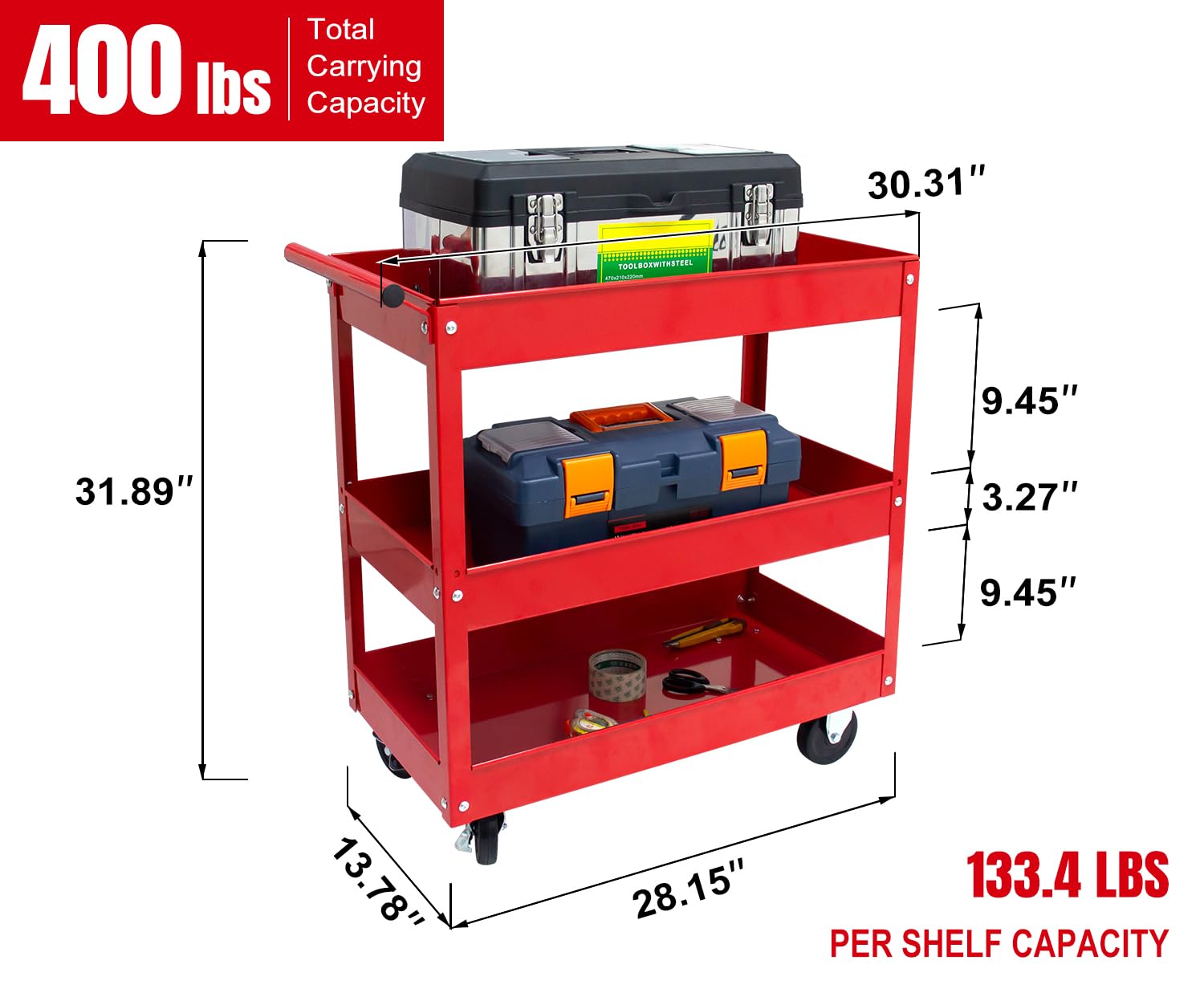 3-Tier Stainless Steel Utility Cart with Wheels - 400 lbs Capacity Metal Service Cart for Garage, Warehouse & Workshop | Heavy-Duty Rolling Cart for Storage, Organization & Mobility