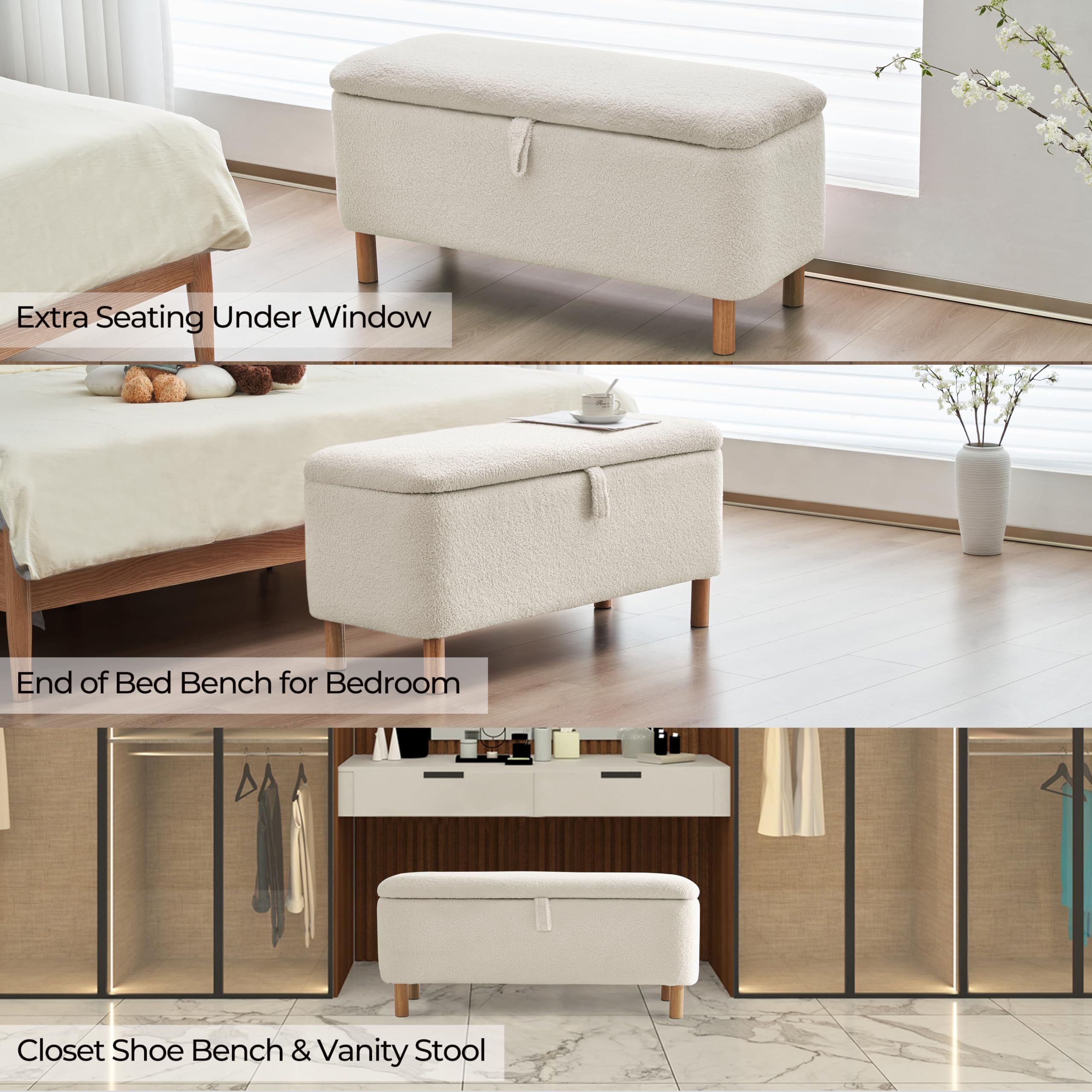 Sherpa Upholstered Boucle Storage Ottoman Bench - Multi-Functional Footrest, Shoe Storage & Blanket Chest for Bedroom, Living Room & Entryway (Off White) | Perfect for Small Space Organization & Cozy Home Decor