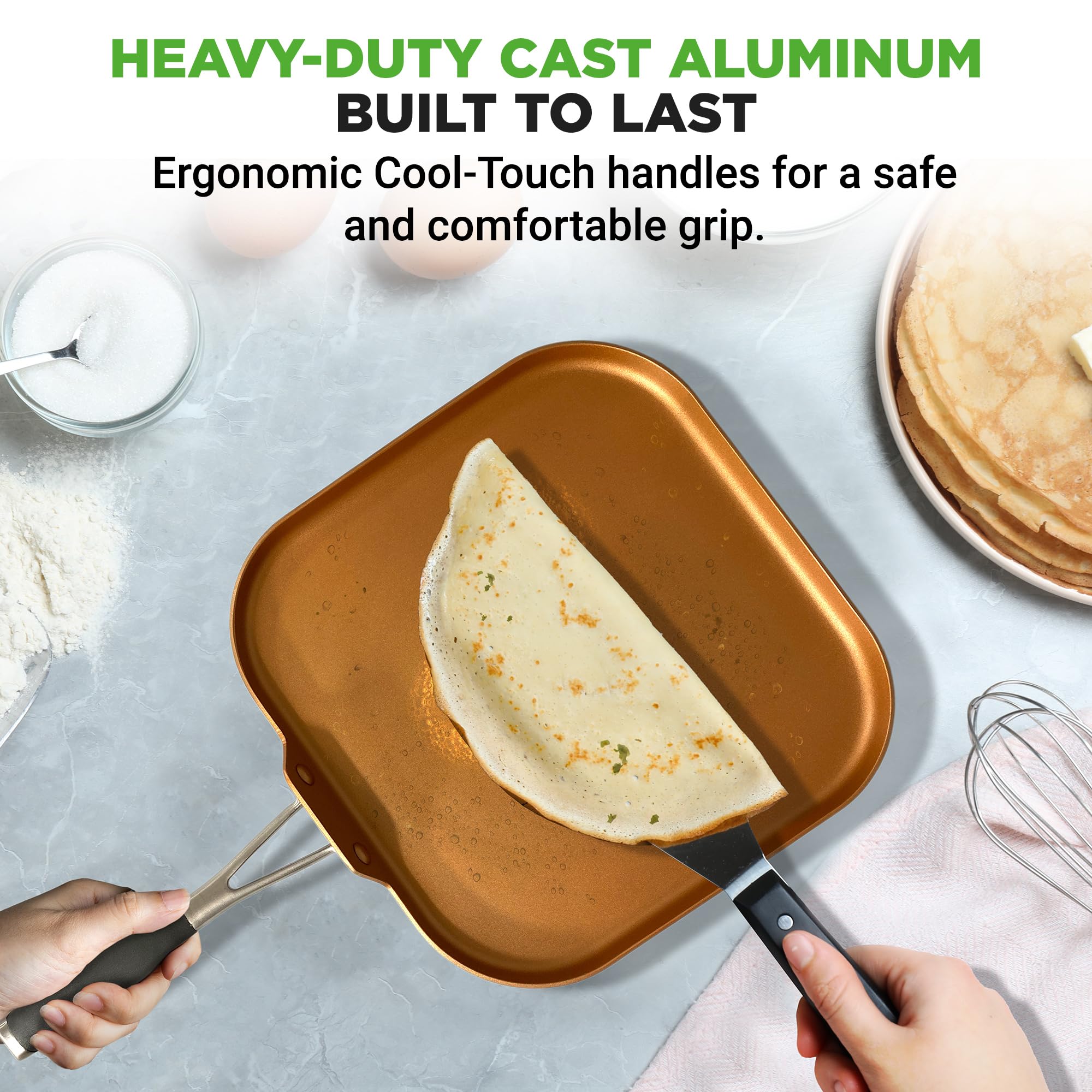NutriChef Non-Stick Copper Frying Pan with Hard-Anodized Exterior & Heat-Resistant Silicone Handle - 1 Griddle for Perfect Pancakes, Eggs & Steaks - Ideal for Home Cooking, Camping & Outdoor BBQ