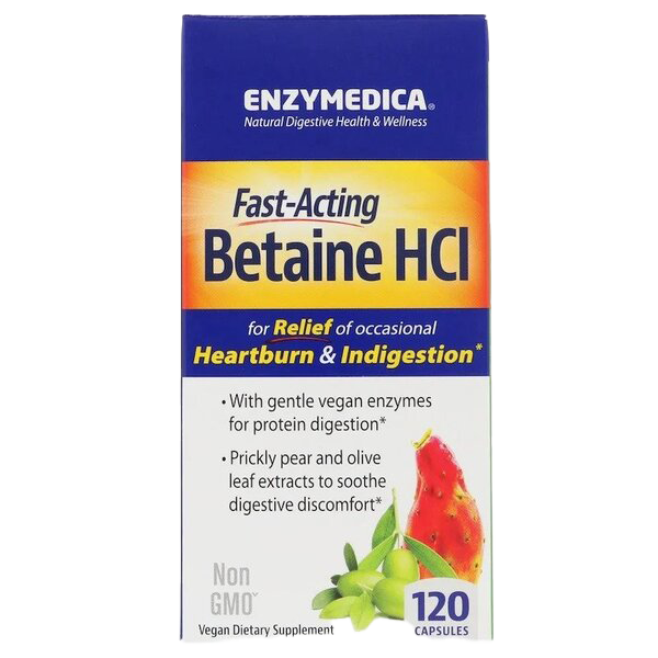Enzymedica Betaine HCl Supplement - 120 Capsules for Digestive Support & Stomach Acid Balance | Ideal for Gut Health & Nutrient Absorption