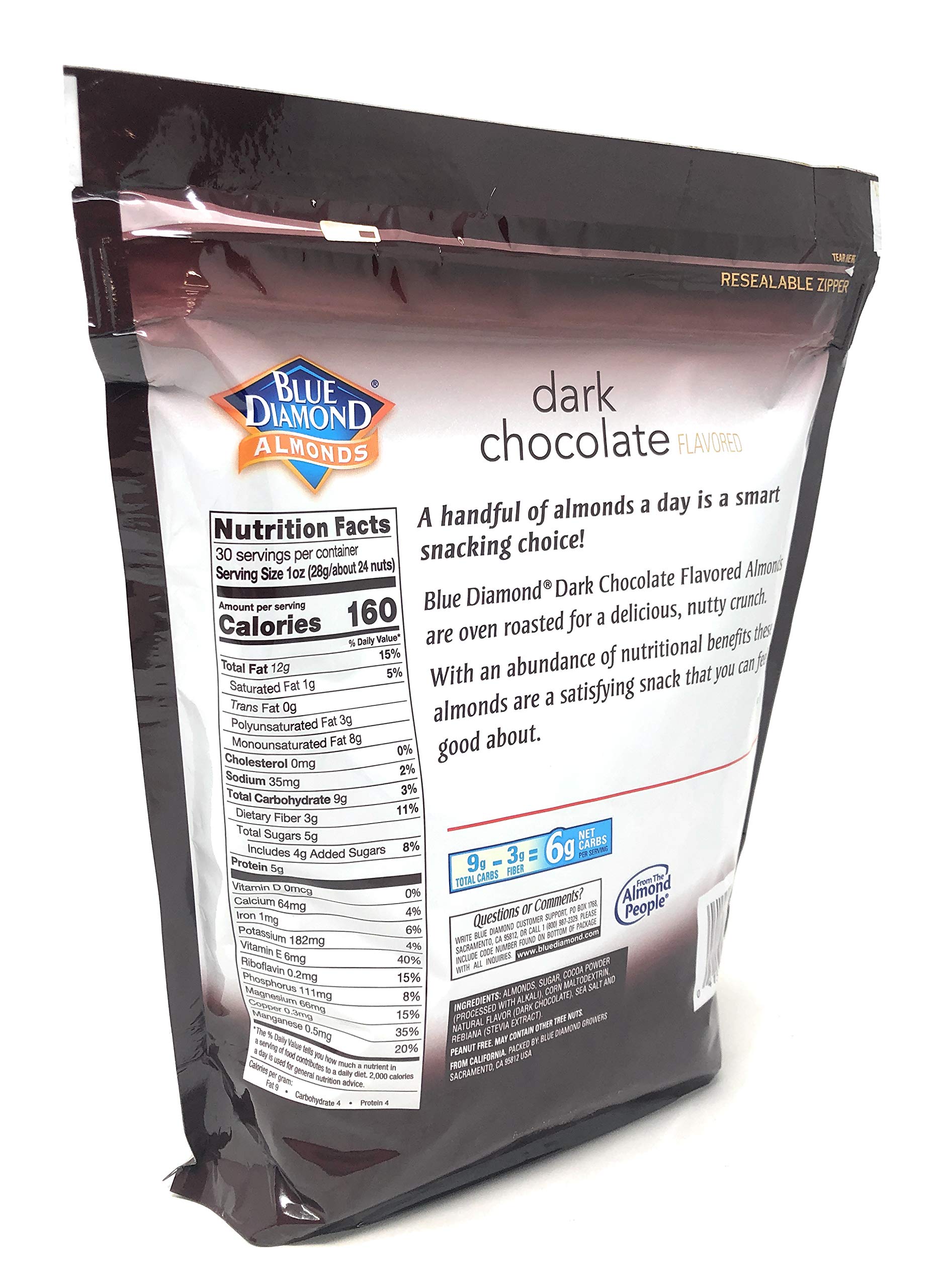 Premium Dark Chocolate Covered Blue Diamond Oven Roasted Almonds - 30oz Resealable Bag - Healthy Snack for Office, Travel & Gifting