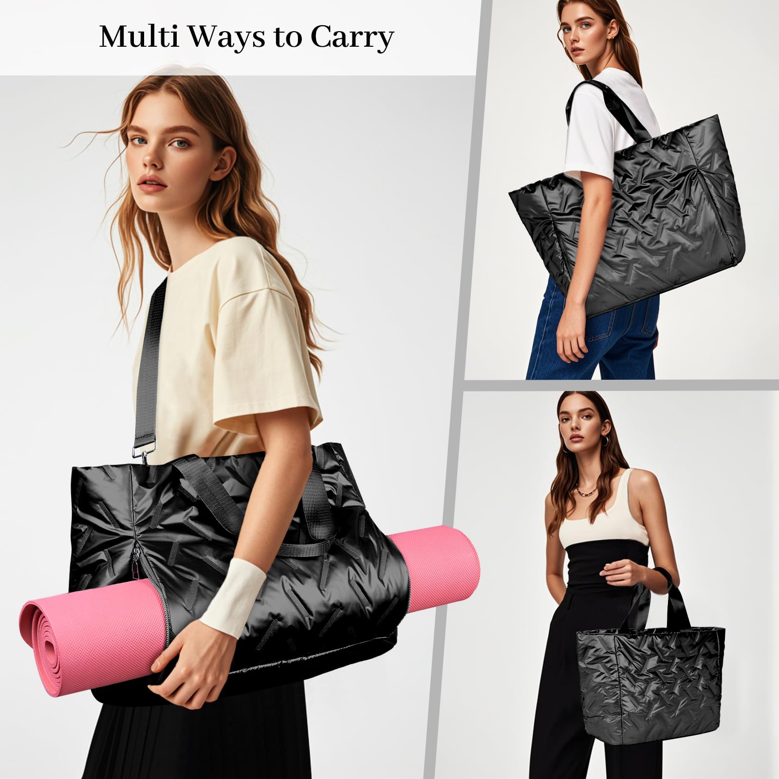 Women's Large Capacity Puffer Tote Bag with Zipper - Waterproof Quilted Handbag for Yoga, Work & Travel - Fits Yoga Mat & Essentials
