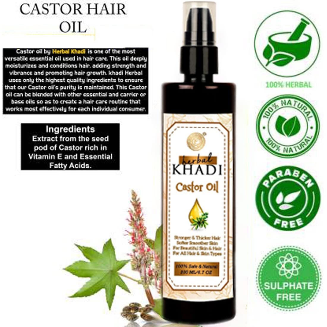 Organic Khadi Cold-Pressed Castor Oil for Hair Growth, Skin Care, Eyebrows, Eyelashes & Nails – 200ml | Natural Hair & Beauty Treatment for Thicker Hair & Healthy Skin | Perfect for DIY Beauty Routines & Home Spa Days