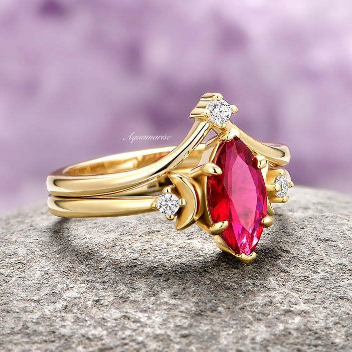 14K Solid Yellow Gold Ruby Crescent Moon Ring Set for Women - Elegant Stackable Rings for Everyday Wear, Gift for Her, Birthday, Anniversary & Special Occasions
