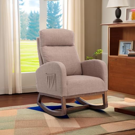 Antetek Modern Upholstered Rocking Chair - Nursery Glider Rocker with Side Pocket, Comfortable High Back Armchair with Headrest for Living Room, Bedroom & Nursery - Perfect for Breastfeeding, Reading & Relaxing (Camel)