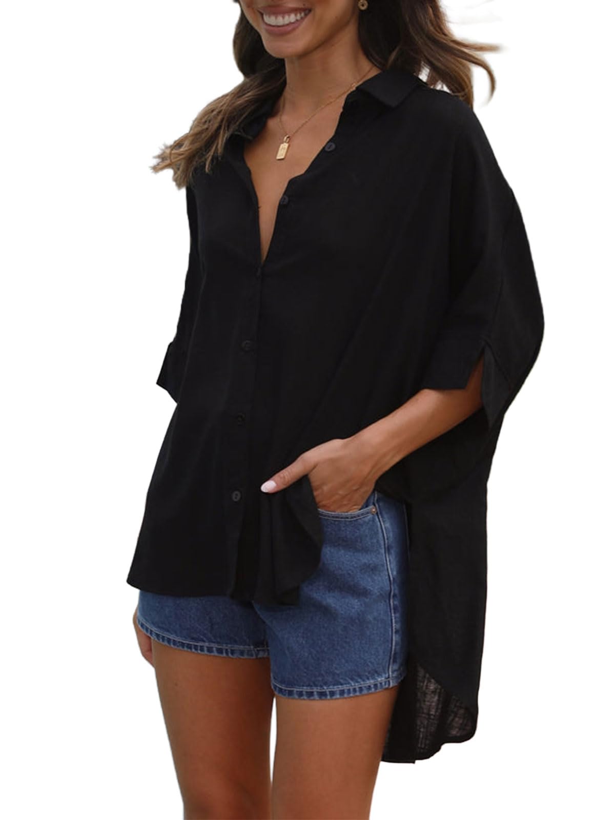 Fashionme Women's Oversized Button Down Shirts - 3/4 Sleeve Flowy Blouse with High Low Hem & Side Slits | Casual Workwear & Weekend Outfits