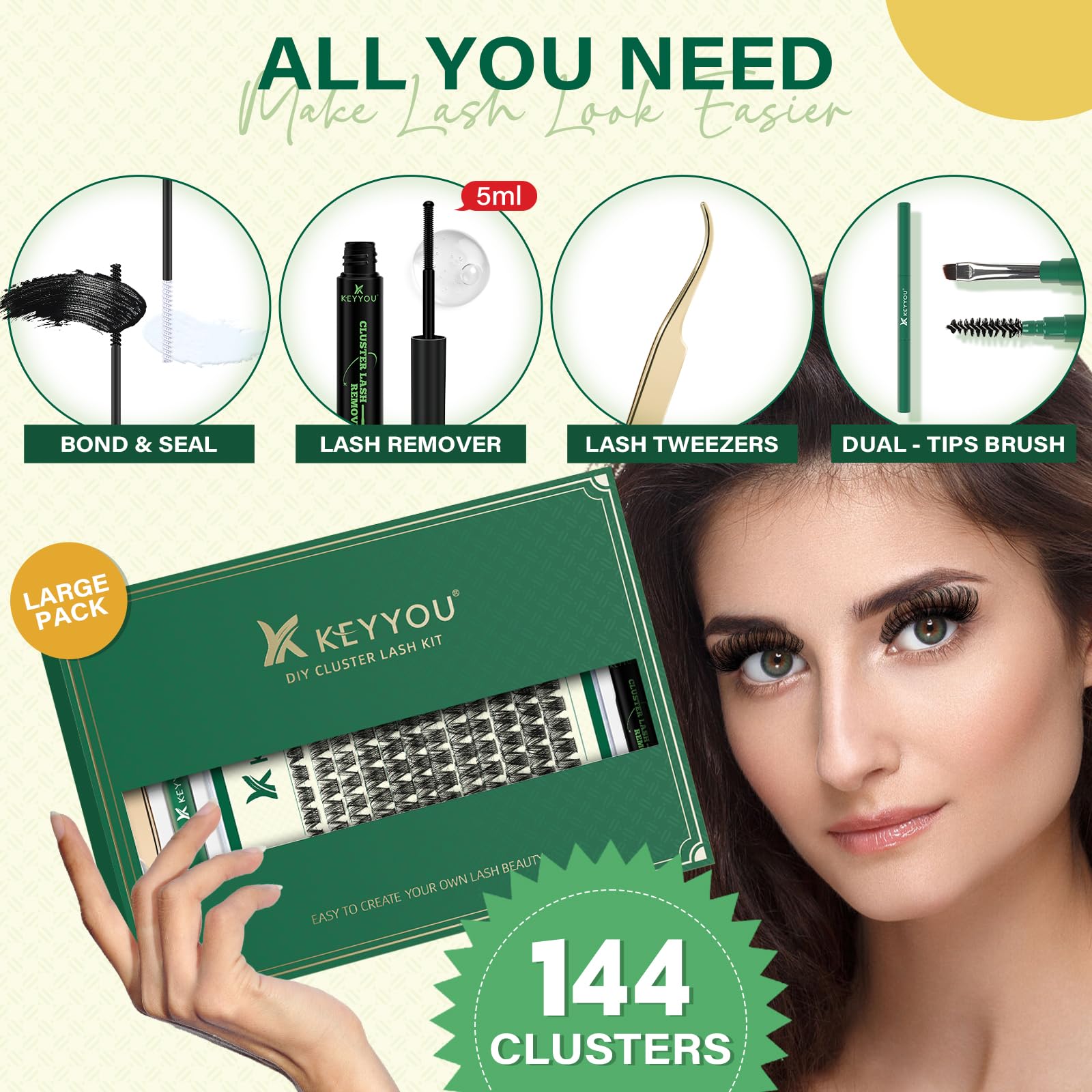 KEYYOU DIY Lash Extension Kit - 144pcs Lash Clusters with Mascara Brush, Bond & Seal, Glue Remover, Applicators & Clean Pad - Professional Eyelash Extension Set for Home Salon Use (Y01 Kit) | Perfect for Bridal, Party & Everyday Glam Looks