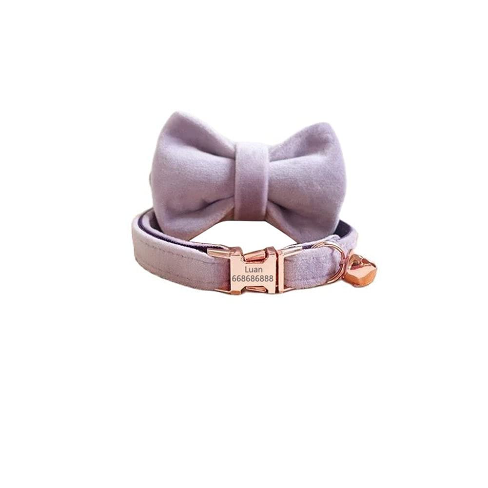 Custom Personalized Cat Collar - Adjustable Velvet Kitten Collar with Bell & Bow Tie - Engraved Nameplate for Small Dogs & Puppies (L 20-32cm, Purple) - Perfect for Gifts, Pet Parties & Daily Walks